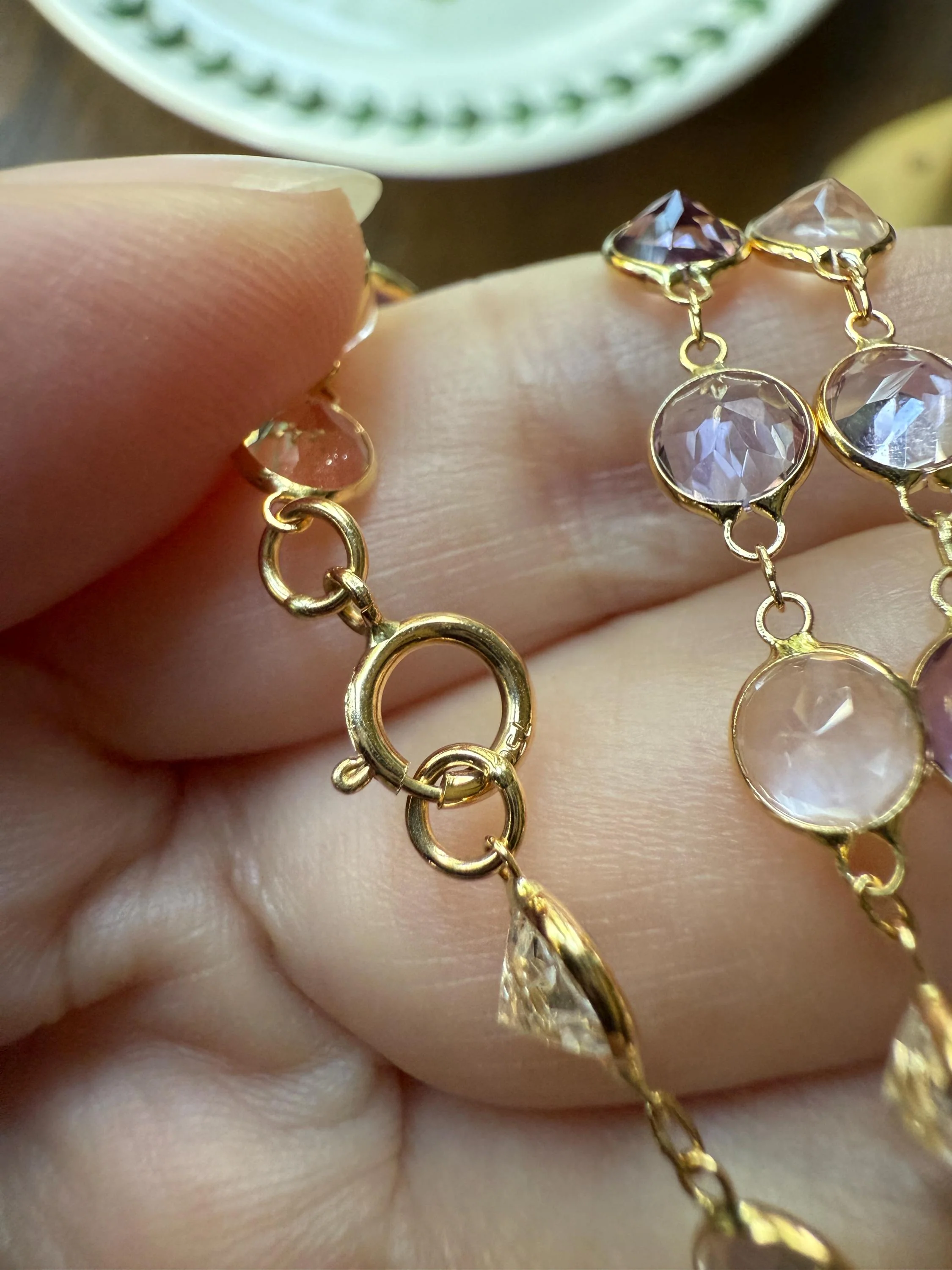 Vintage 25 CARATS Gemset Long Station Chain Guard 71 Rose Pink Quartz White Topaz Purple Amethyst 18k GOLD Necklace Harlequin - Image 10