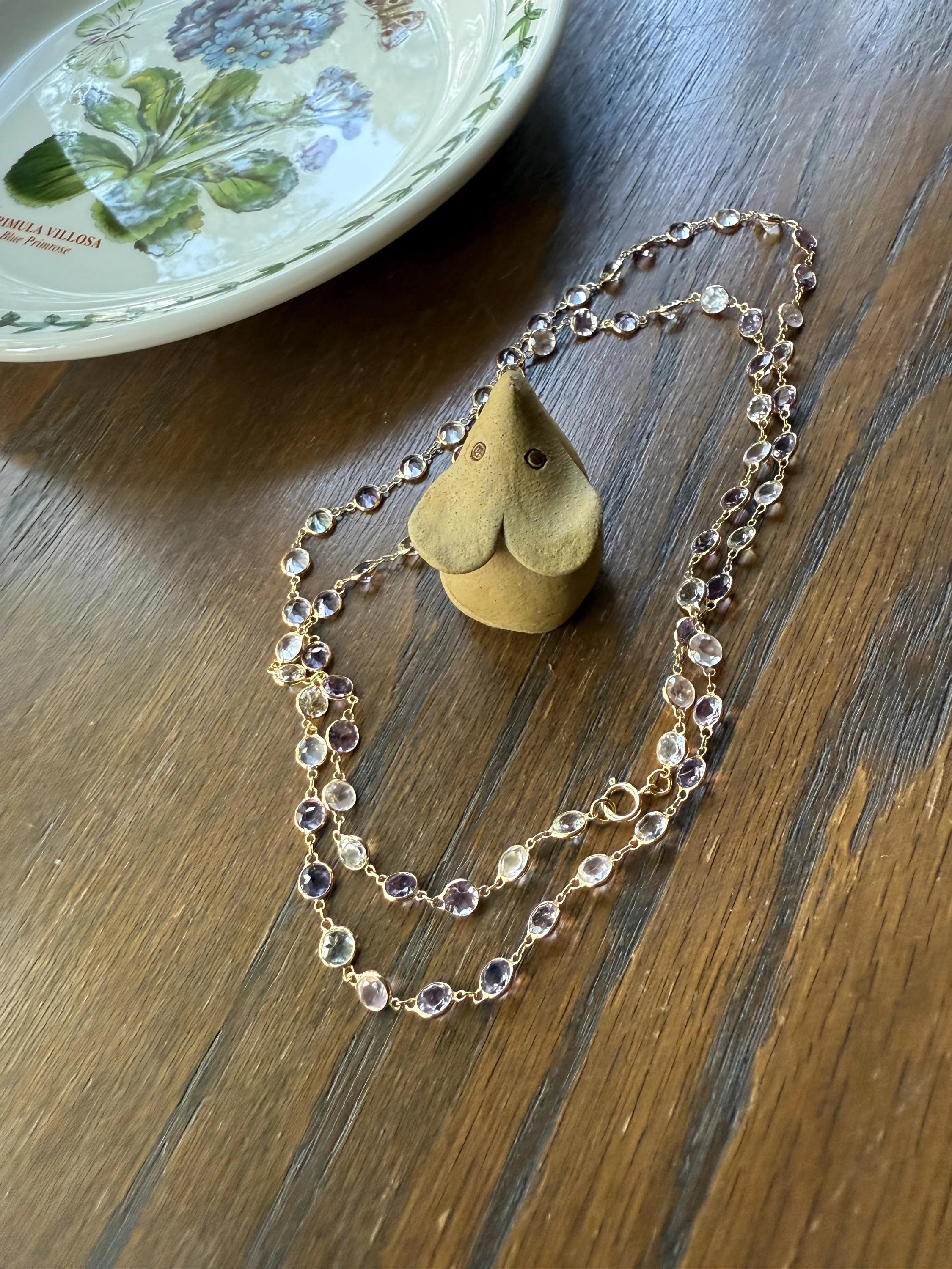 Vintage 25 CARATS Gemset Long Station Chain Guard 71 Rose Pink Quartz White Topaz Purple Amethyst 18k GOLD Necklace Harlequin - Image 11