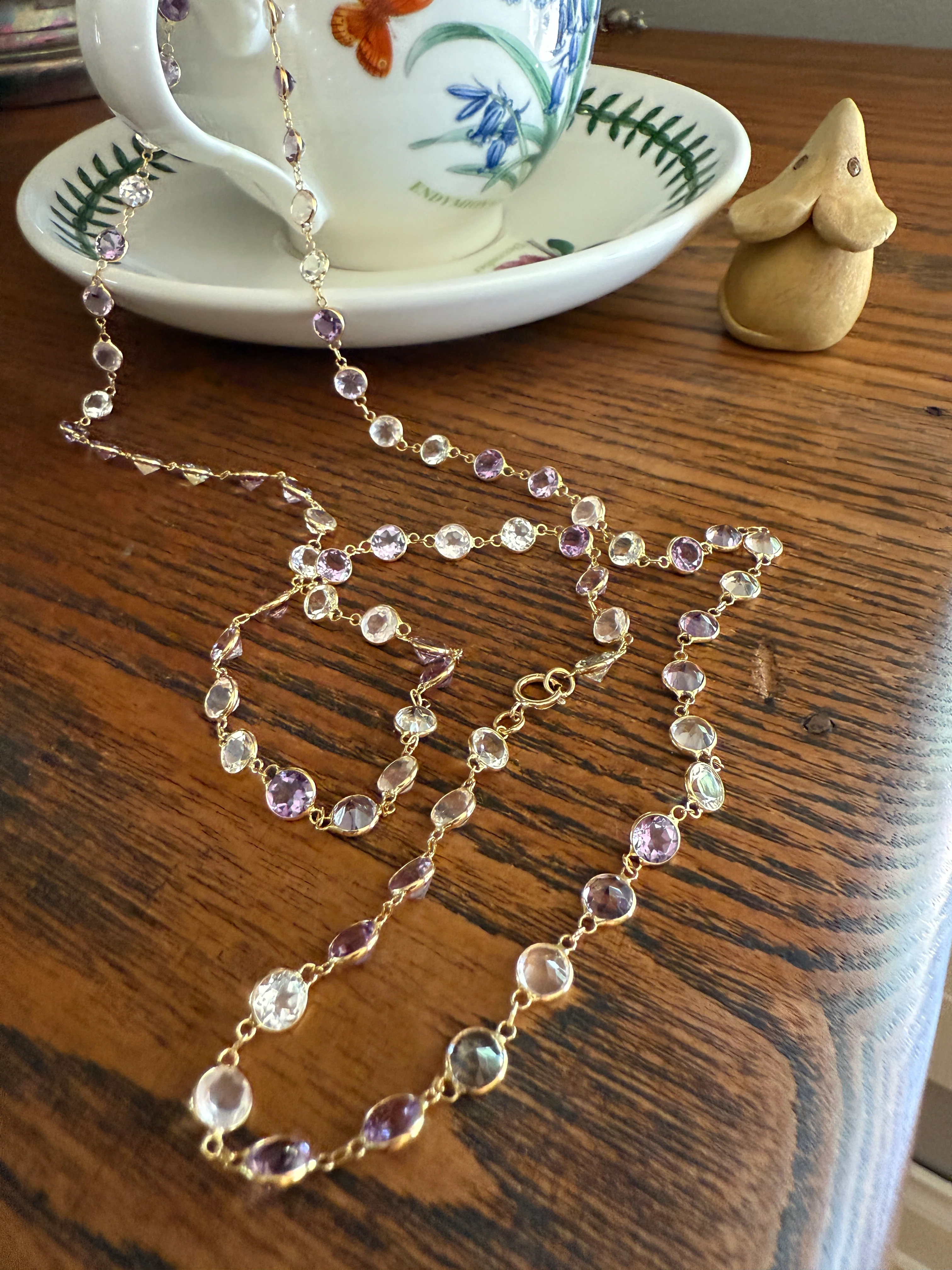 Vintage 25 CARATS Gemset Long Station Chain Guard 71 Rose Pink Quartz White Topaz Purple Amethyst 18k GOLD Necklace Harlequin - Image 13