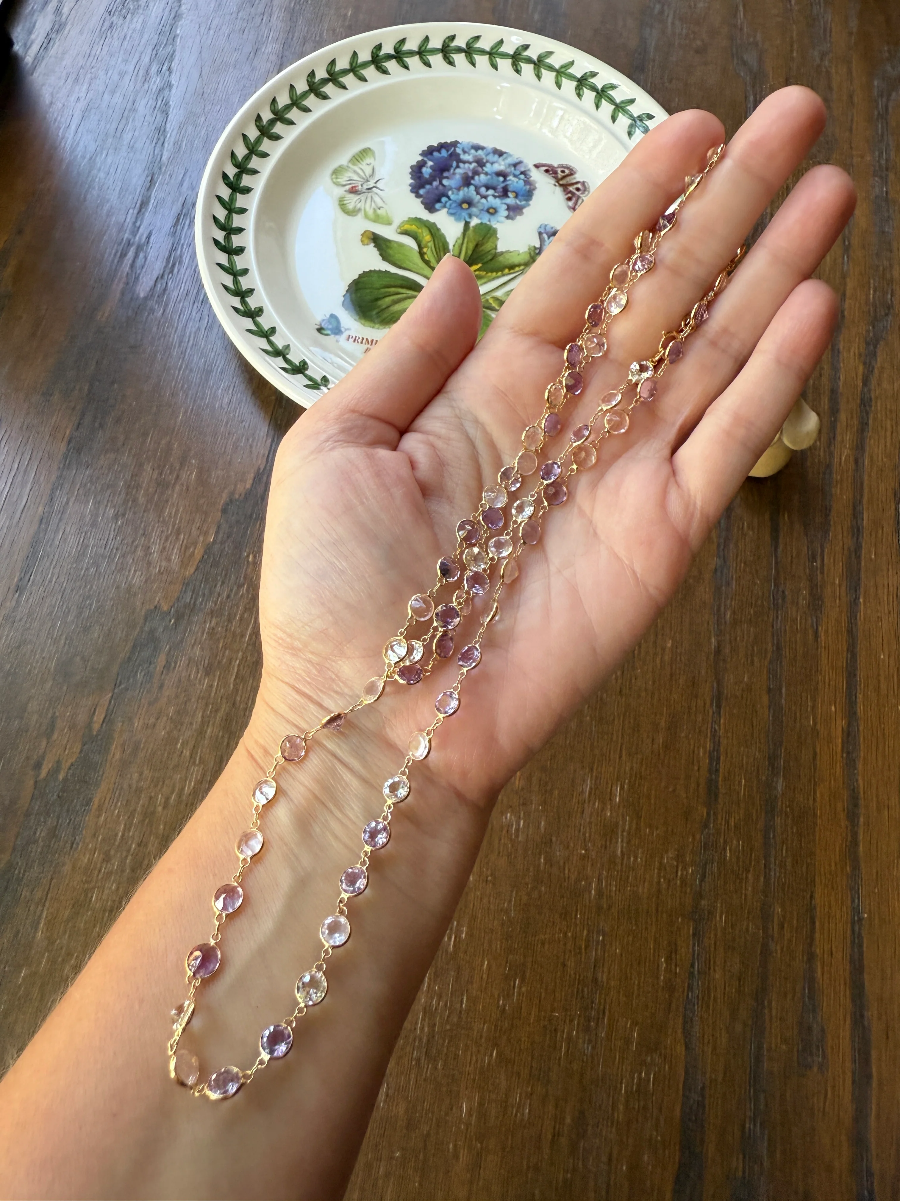 Vintage 25 CARATS Gemset Long Station Chain Guard 71 Rose Pink Quartz White Topaz Purple Amethyst 18k GOLD Necklace Harlequin - Image 14