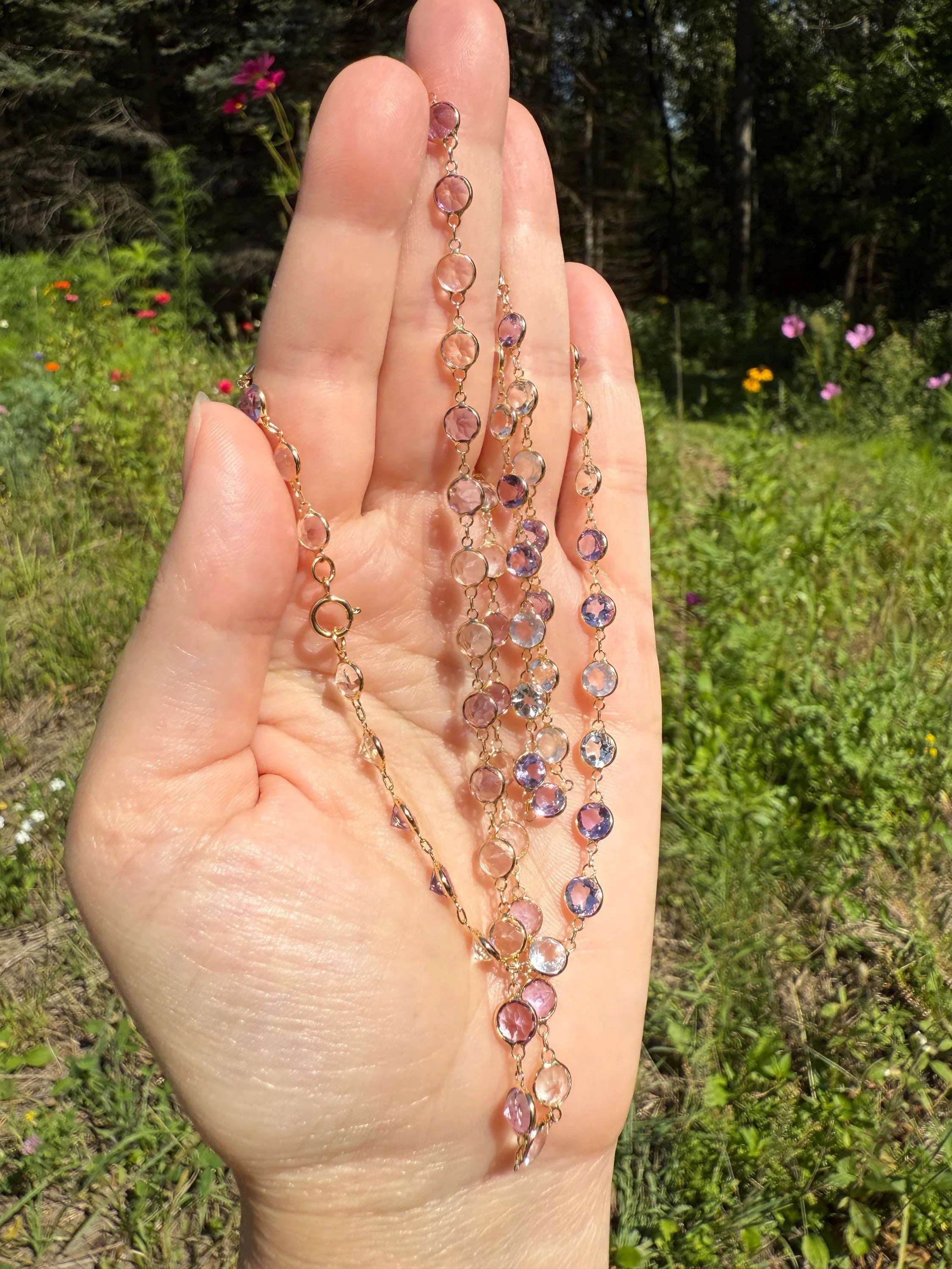 Vintage 25 CARATS Gemset Long Station Chain Guard 71 Rose Pink Quartz White Topaz Purple Amethyst 18k GOLD Necklace Harlequin - Image 3