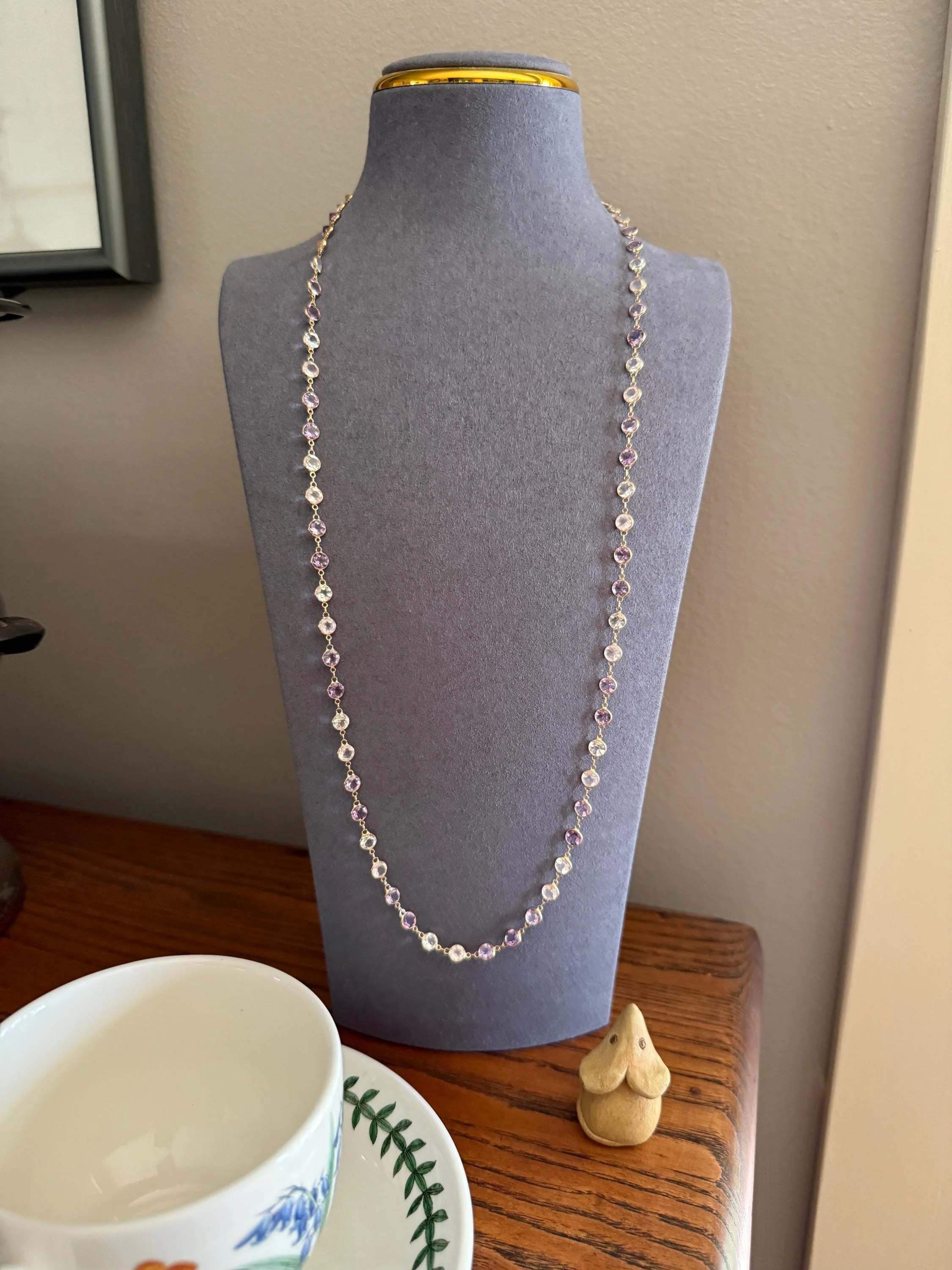 Vintage 25 CARATS Gemset Long Station Chain Guard 71 Rose Pink Quartz White Topaz Purple Amethyst 18k GOLD Necklace Harlequin - Image 4