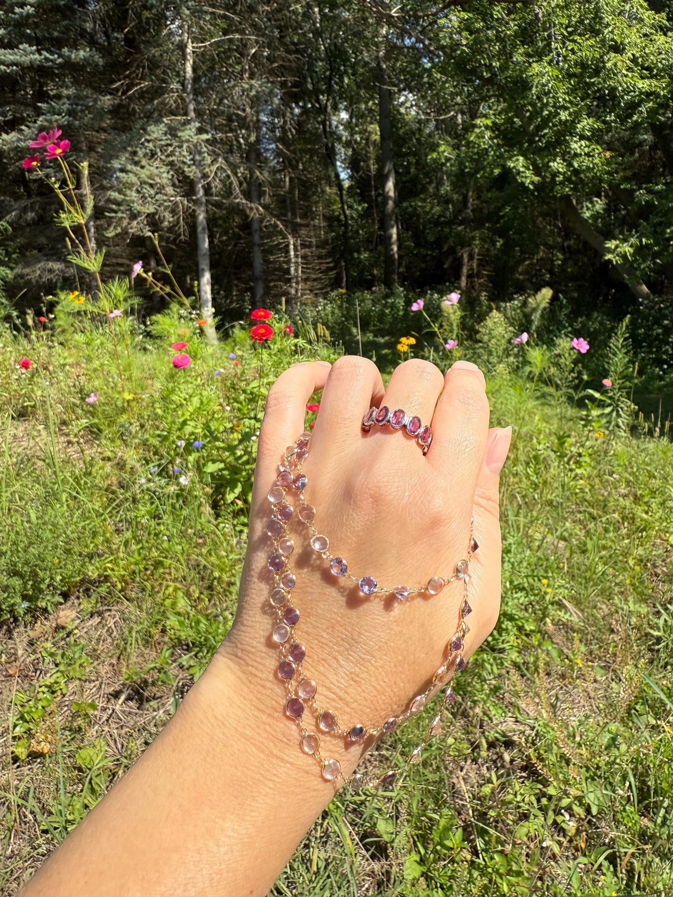 Vintage 25 CARATS Gemset Long Station Chain Guard 71 Rose Pink Quartz White Topaz Purple Amethyst 18k GOLD Necklace Harlequin - Image 5