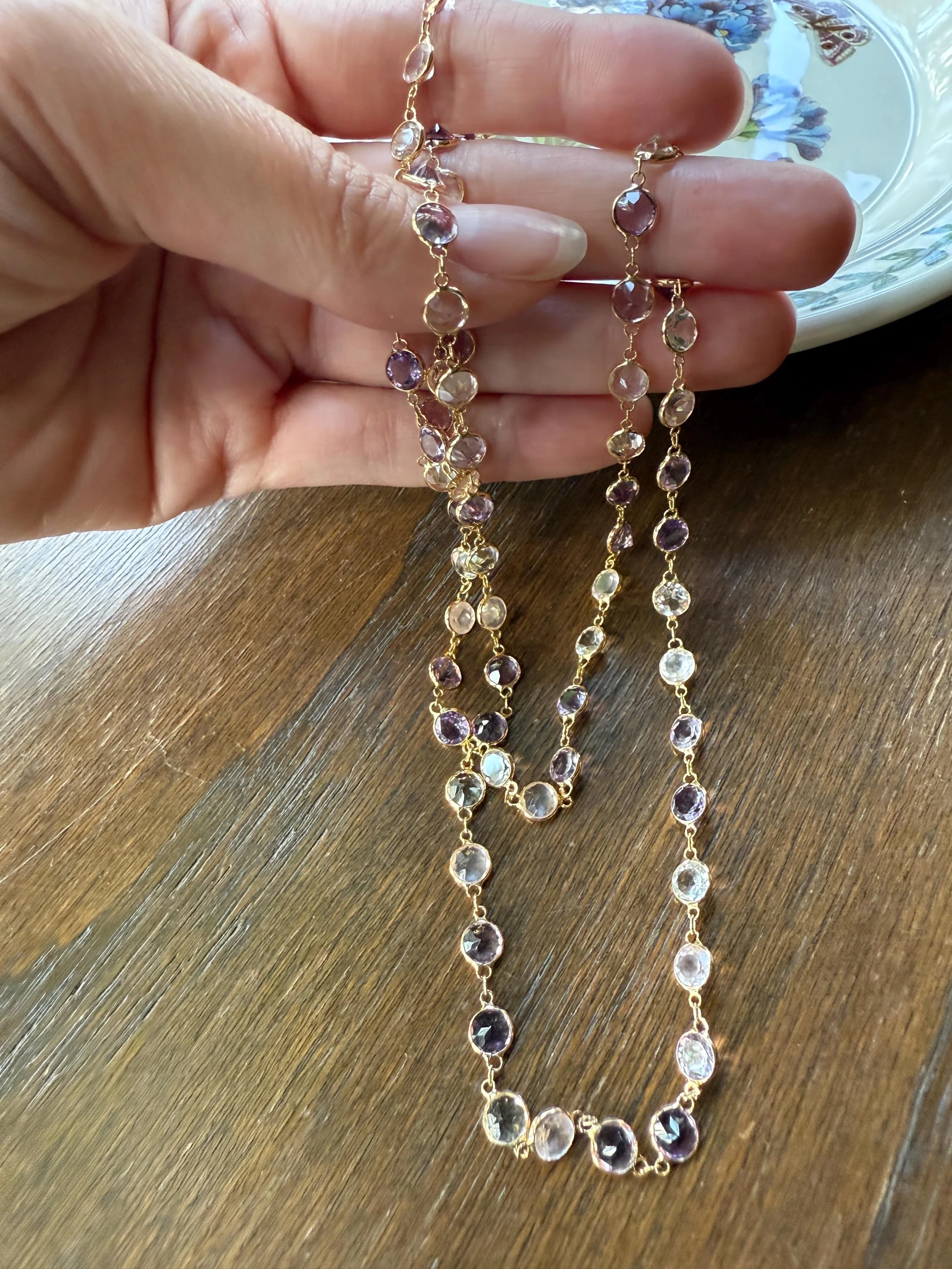 Vintage 25 CARATS Gemset Long Station Chain Guard 71 Rose Pink Quartz White Topaz Purple Amethyst 18k GOLD Necklace Harlequin - Image 6