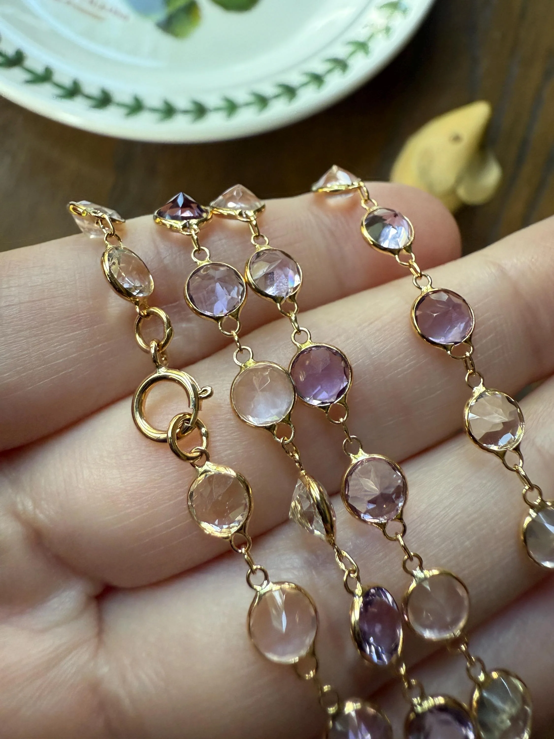 Vintage 25 CARATS Gemset Long Station Chain Guard 71 Rose Pink Quartz White Topaz Purple Amethyst 18k GOLD Necklace Harlequin - Image 7
