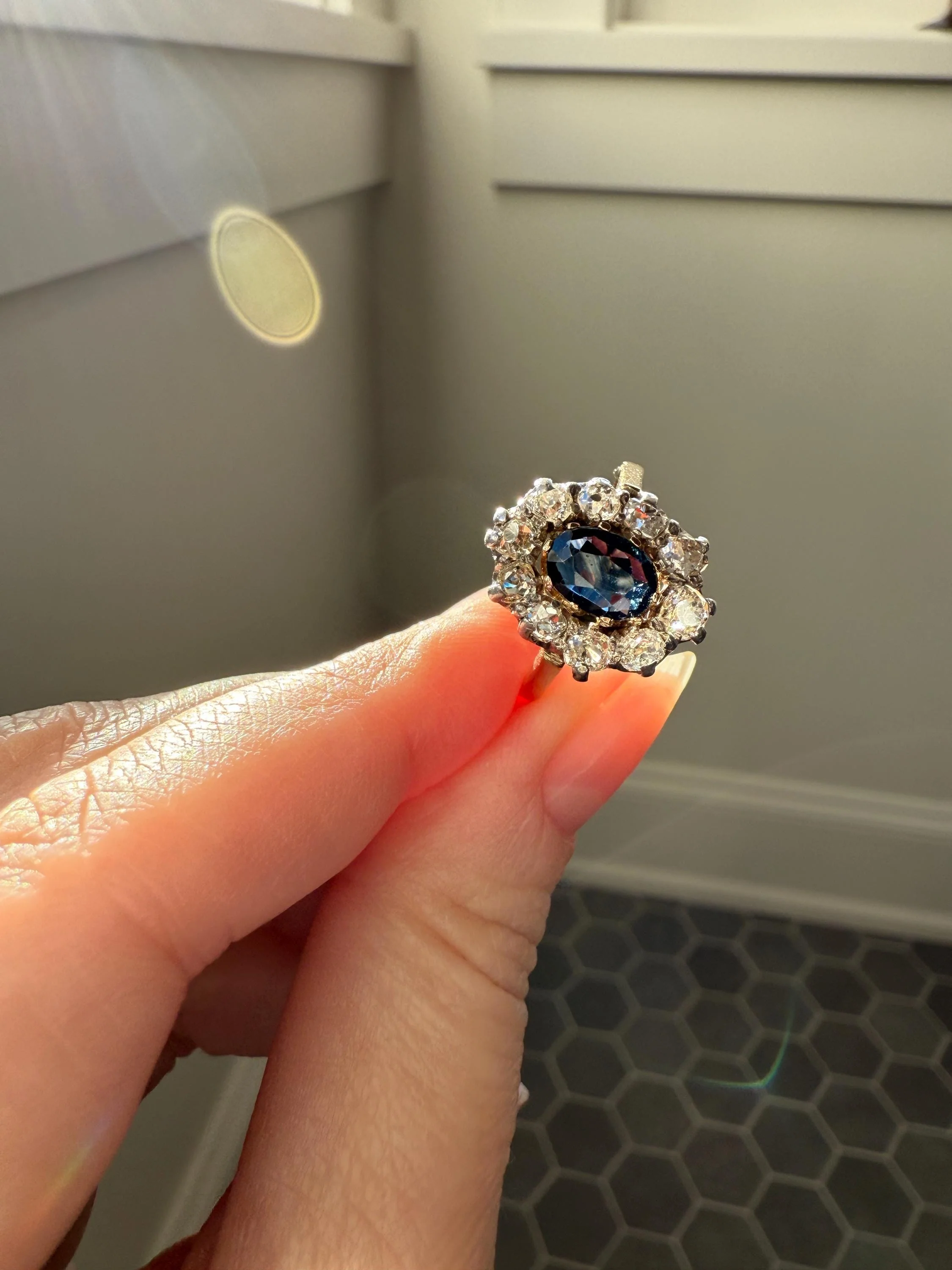 Vintage Natural SAPPHIRE Blue Antique 1.25 Carat Tdw Old Mine Cut DIAMOND Chunky Halo Ring 18k Gold 1.25Ctw OMC - Image 14