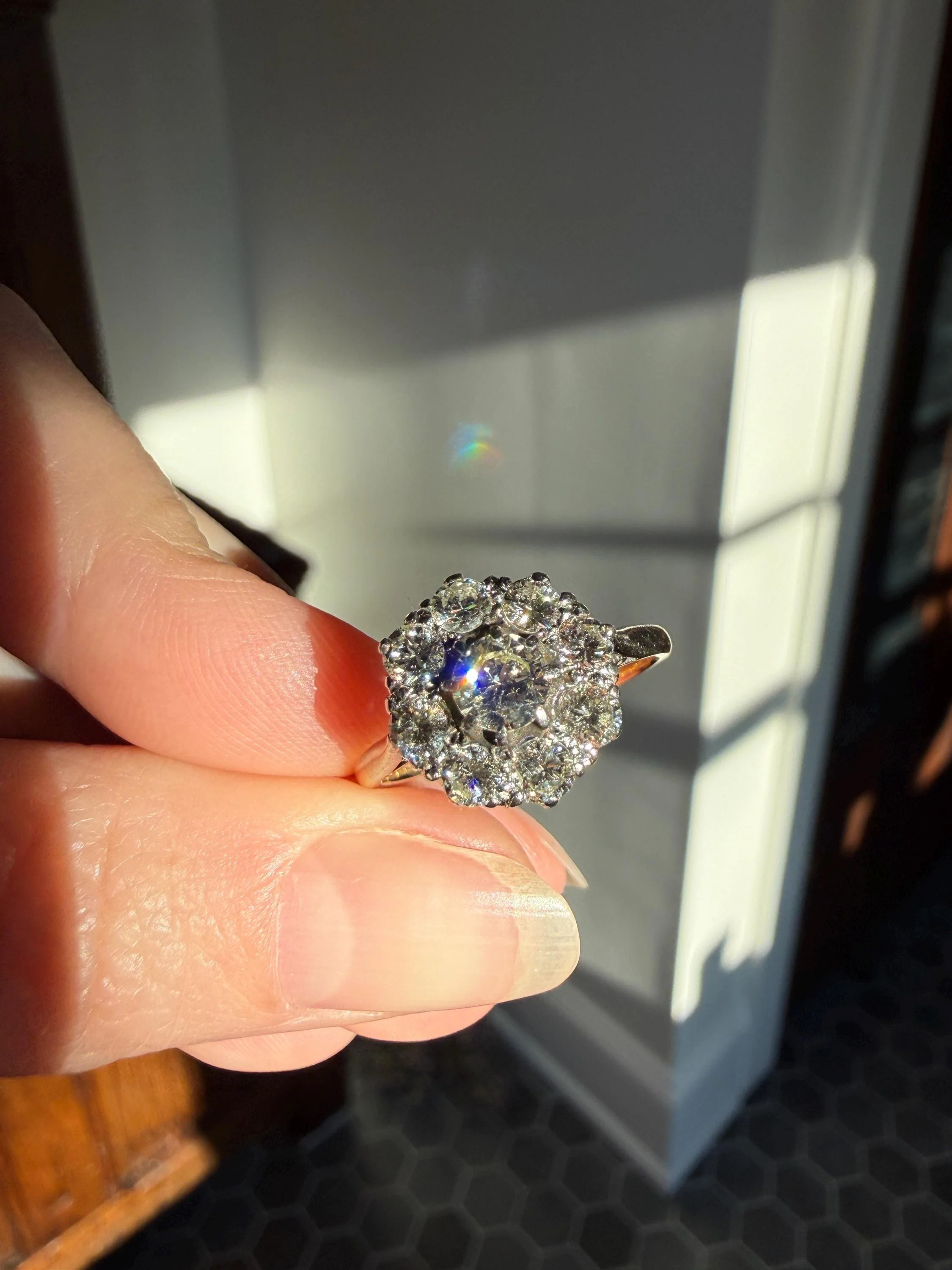 Vintage Older Brilliant Cut 1.45 Carat Tdw Natural DIAMOND Cluster Ring 18k Gold & Platinum Band Fiery Stacker Nine Stone 1.45ctw - Image 2