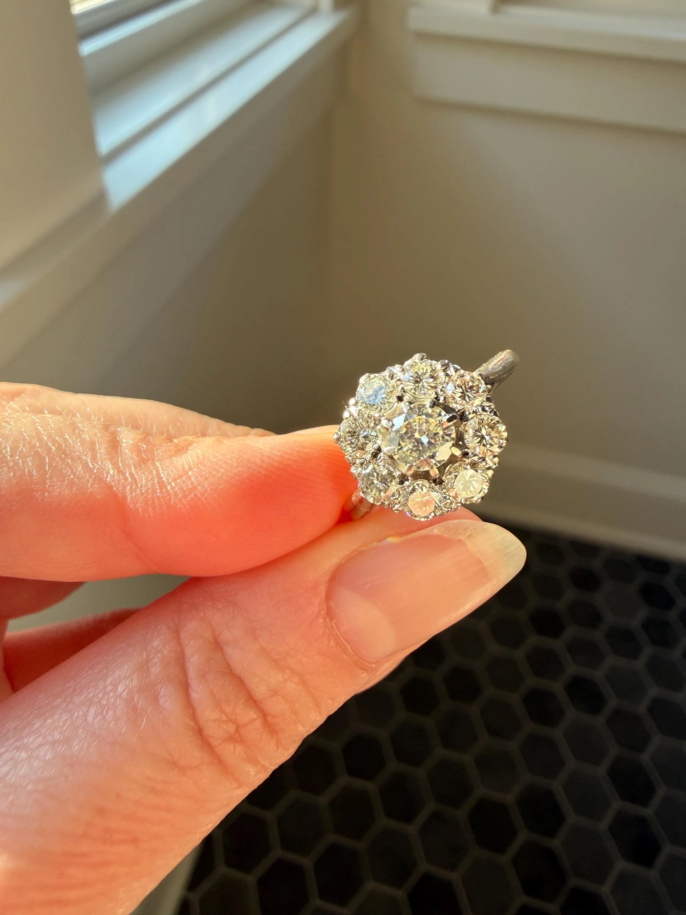 Vintage Older Brilliant Cut 1.45 Carat Tdw Natural DIAMOND Cluster Ring 18k Gold & Platinum Band Fiery Stacker Nine Stone 1.45ctw - Image 4