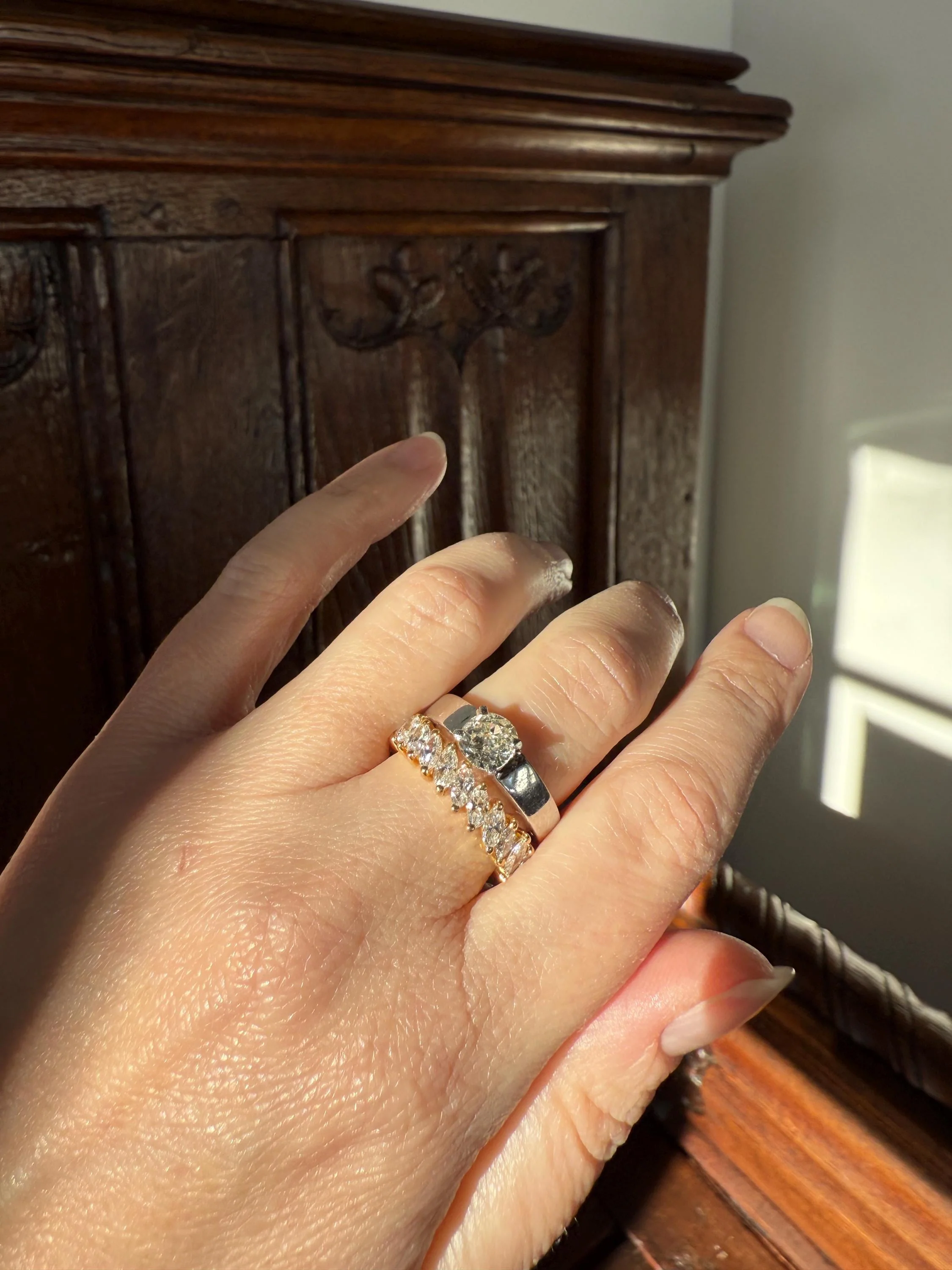 Vintage One Carat Antique Old Mine Cut DIAMOND Ring Stacker Band 7.7g 18k White Gold Solitaire Geometric Engagement 1Ctw OmC - Image 11