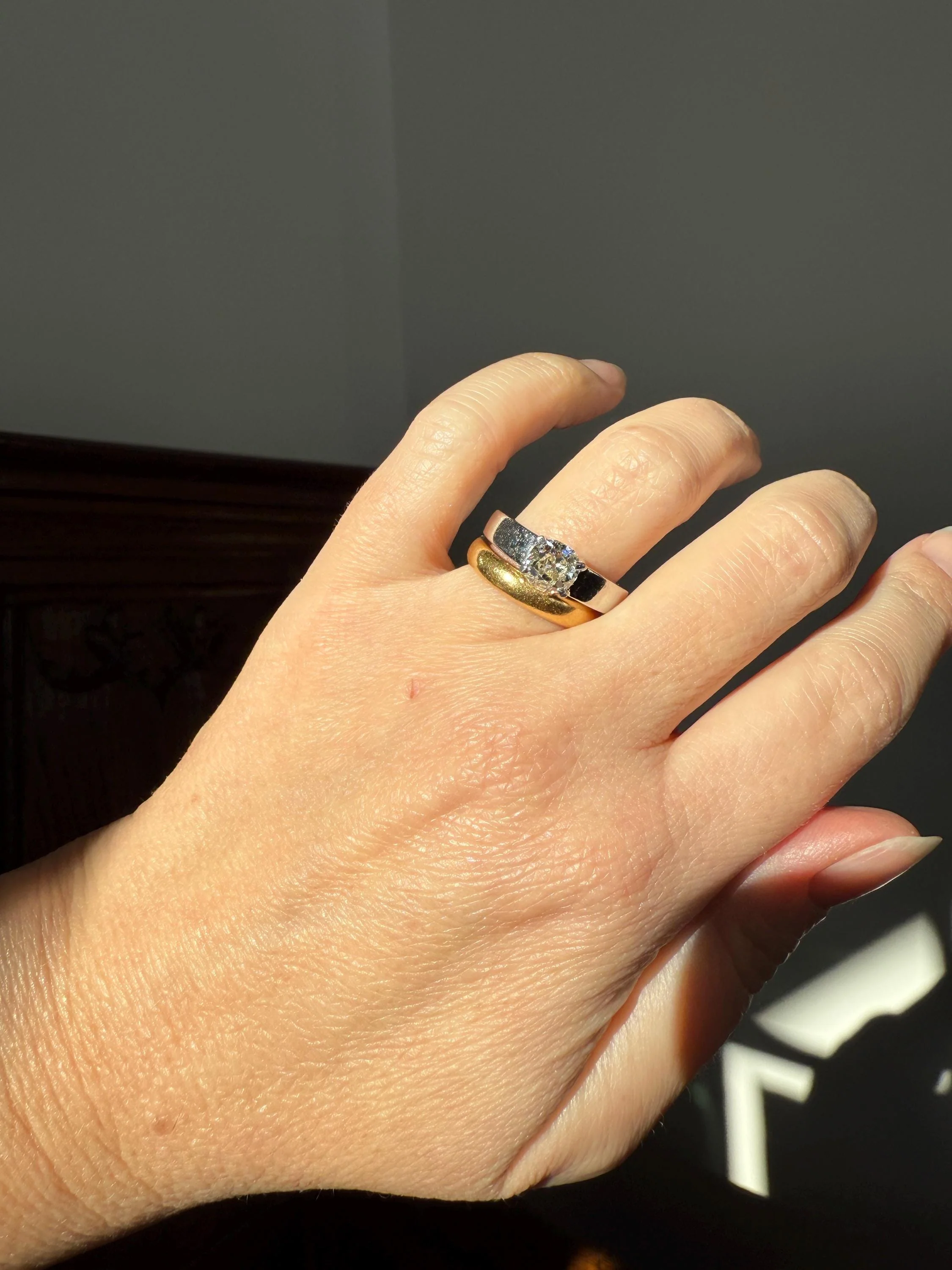 Vintage One Carat Antique Old Mine Cut DIAMOND Ring Stacker Band 7.7g 18k White Gold Solitaire Geometric Engagement 1Ctw OmC - Image 12