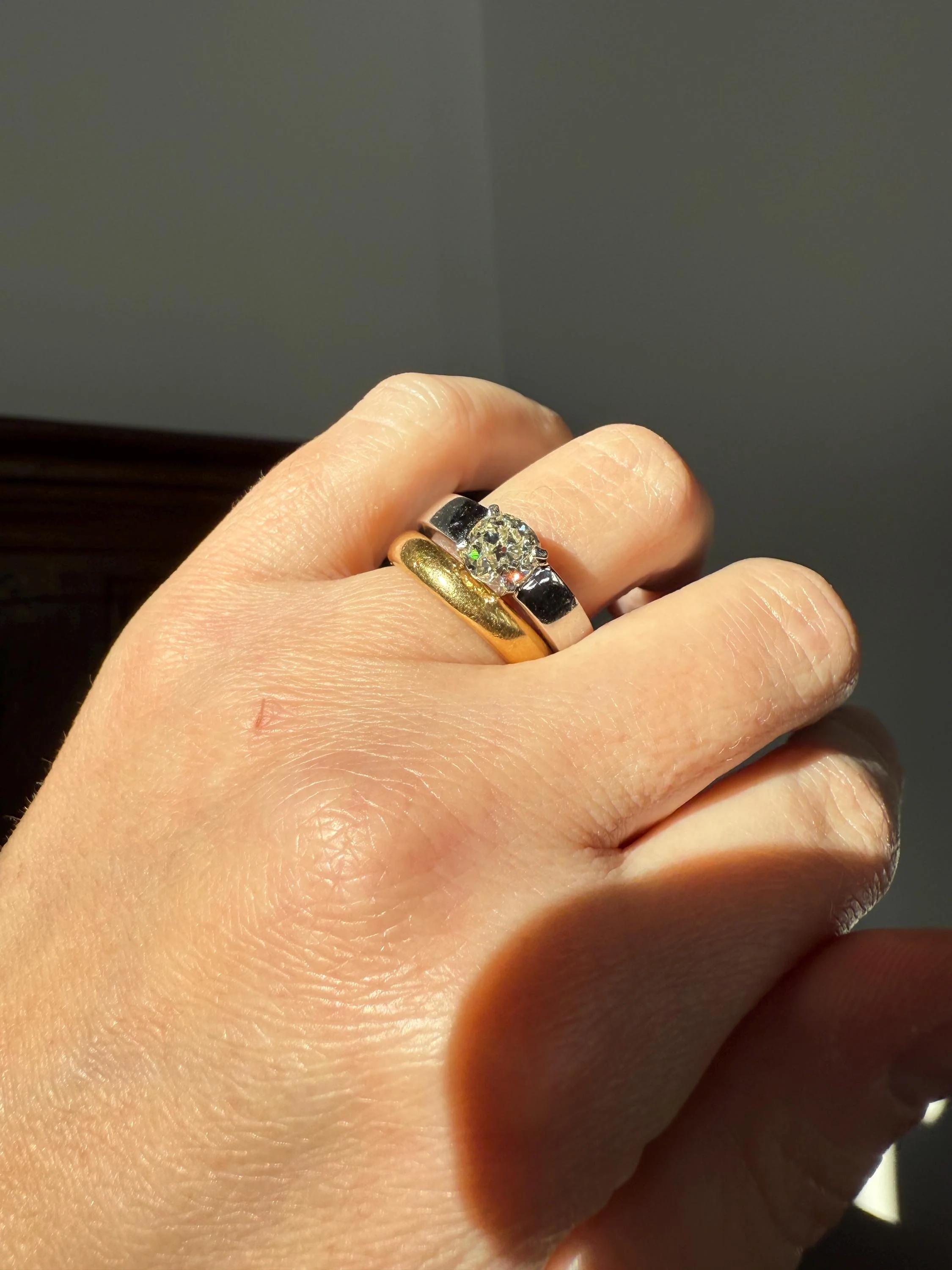 Vintage One Carat Antique Old Mine Cut DIAMOND Ring Stacker Band 7.7g 18k White Gold Solitaire Geometric Engagement 1Ctw OmC - Image 2