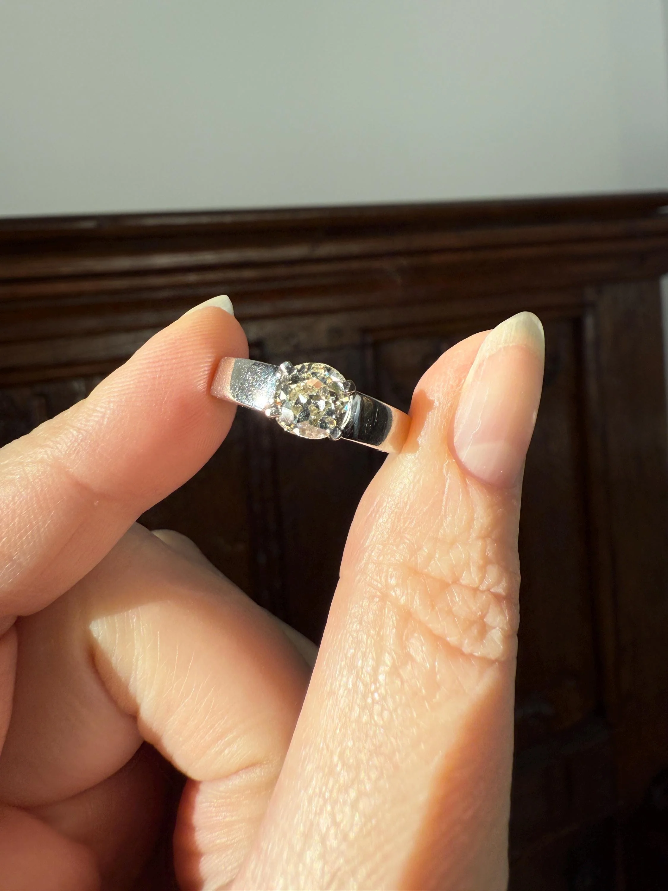Vintage One Carat Antique Old Mine Cut DIAMOND Ring Stacker Band 7.7g 18k White Gold Solitaire Geometric Engagement 1Ctw OmC - Image 3