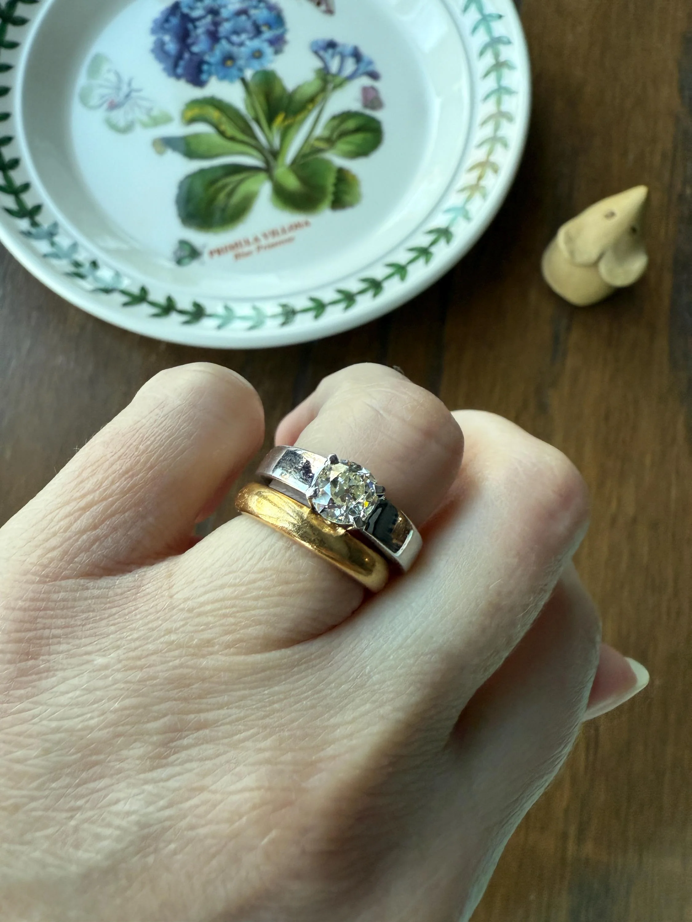 Vintage One Carat Antique Old Mine Cut DIAMOND Ring Stacker Band 7.7g 18k White Gold Solitaire Geometric Engagement 1Ctw OmC - Image 8