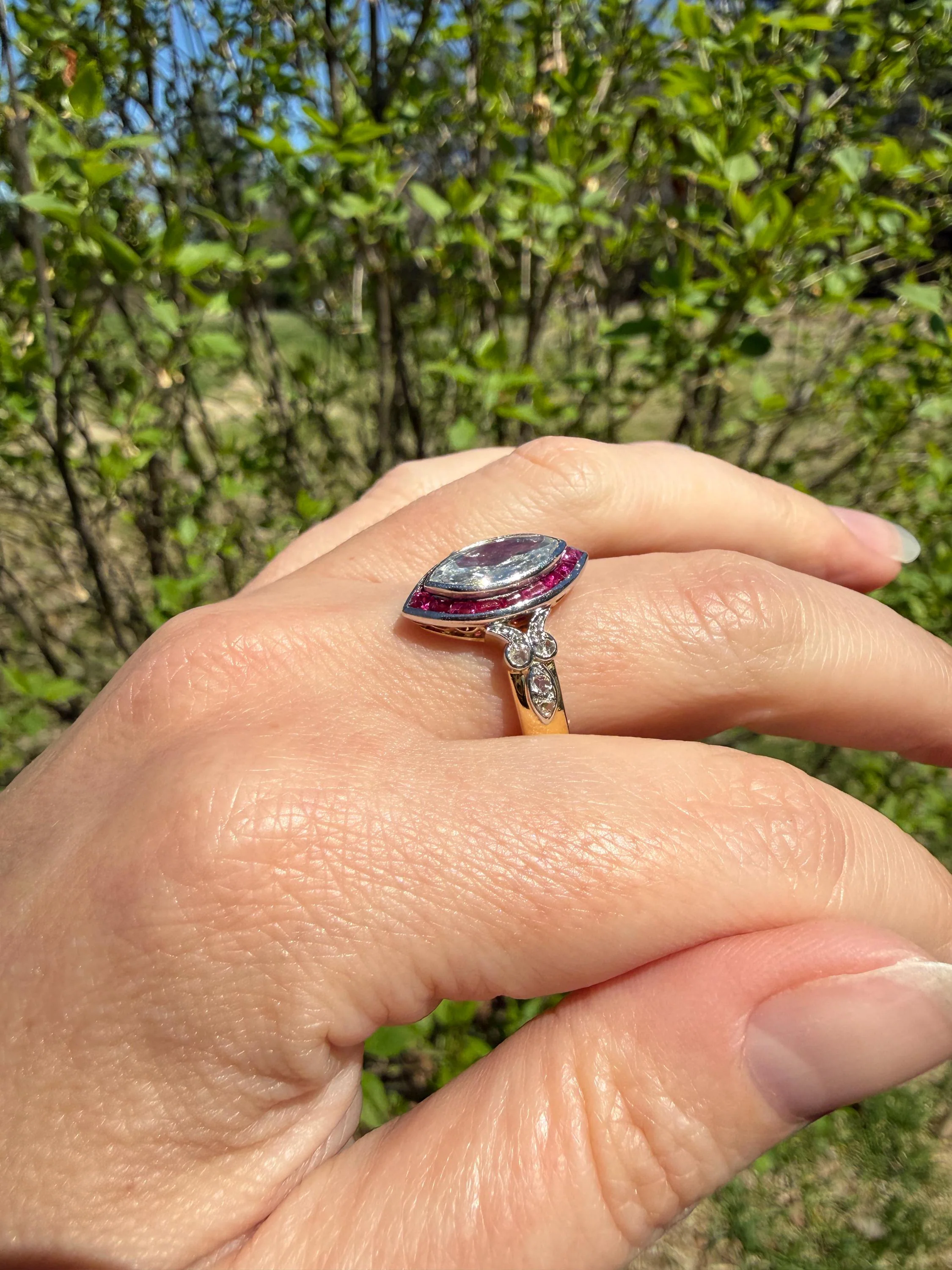 Vintage One Carat Old Cut MARQUISE Diamond Ruby HALO Navette French Art Deco Ring 18k Gold Platinum Belle Epoque Pink Rose Cut Accents - Image 10