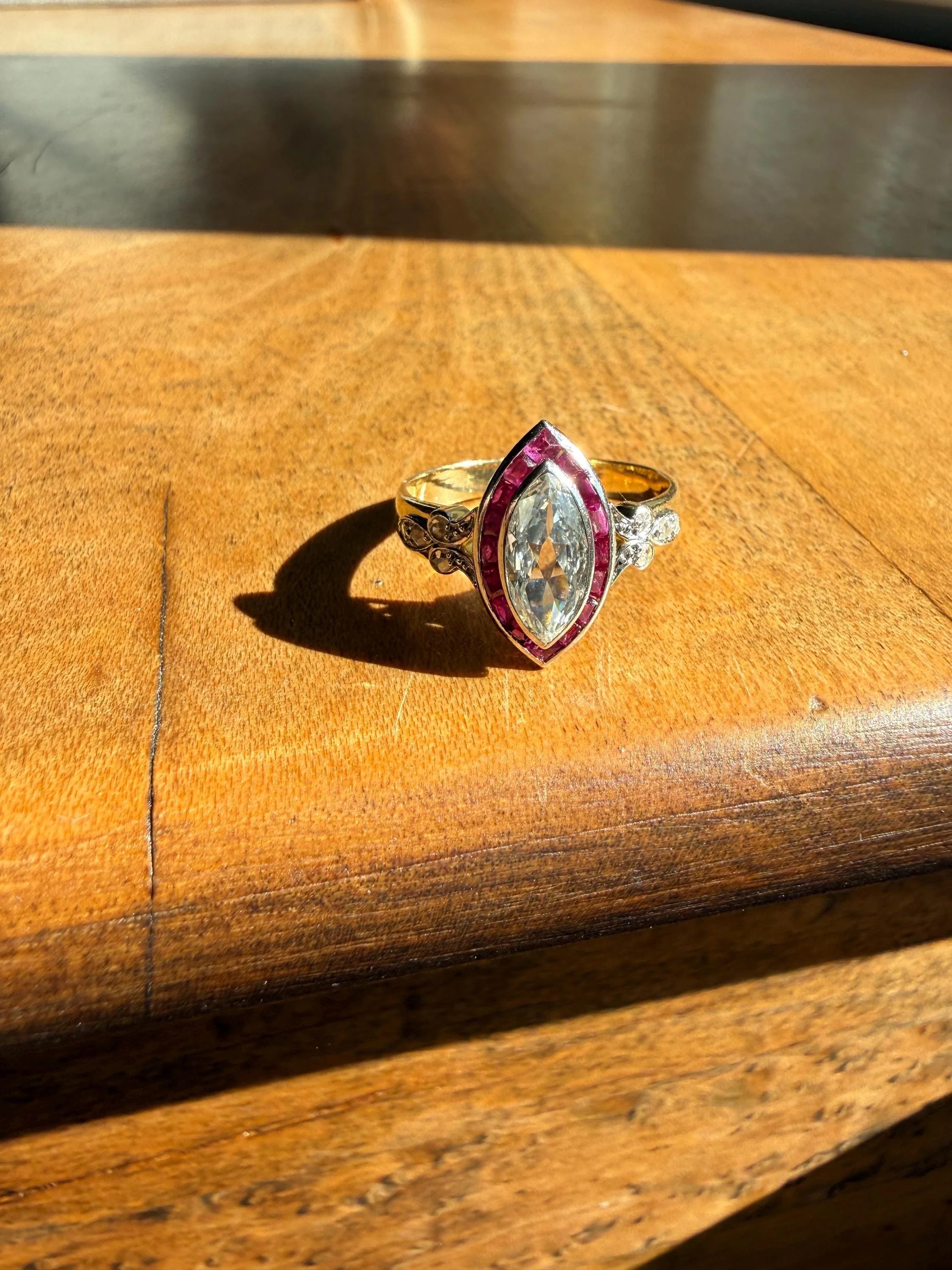 Vintage One Carat Old Cut MARQUISE Diamond Ruby HALO Navette French Art Deco Ring 18k Gold Platinum Belle Epoque Pink Rose Cut Accents - Image 11