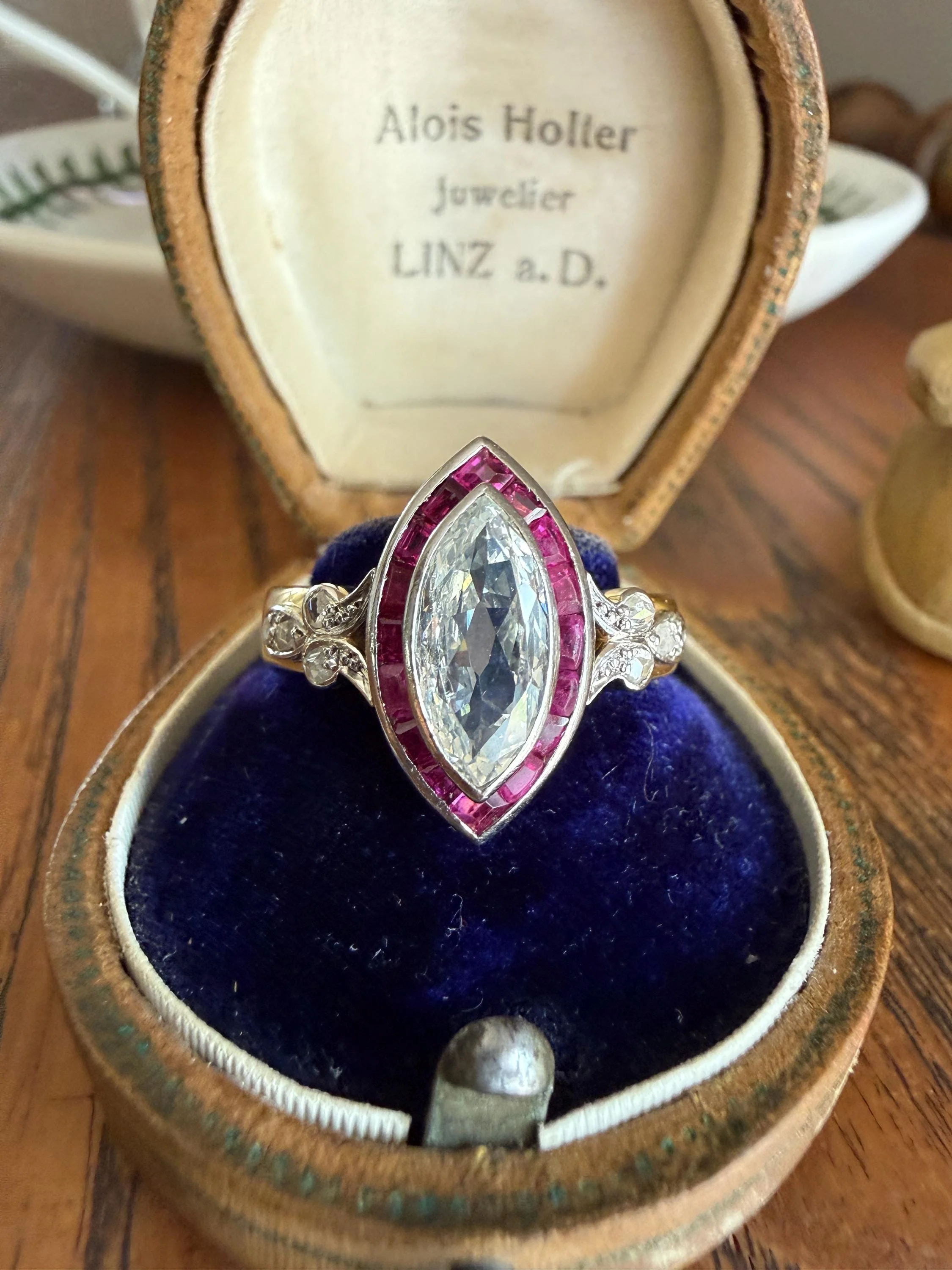 Vintage One Carat Old Cut MARQUISE Diamond Ruby HALO Navette French Art Deco Ring 18k Gold Platinum Belle Epoque Pink Rose Cut Accents - Image 13