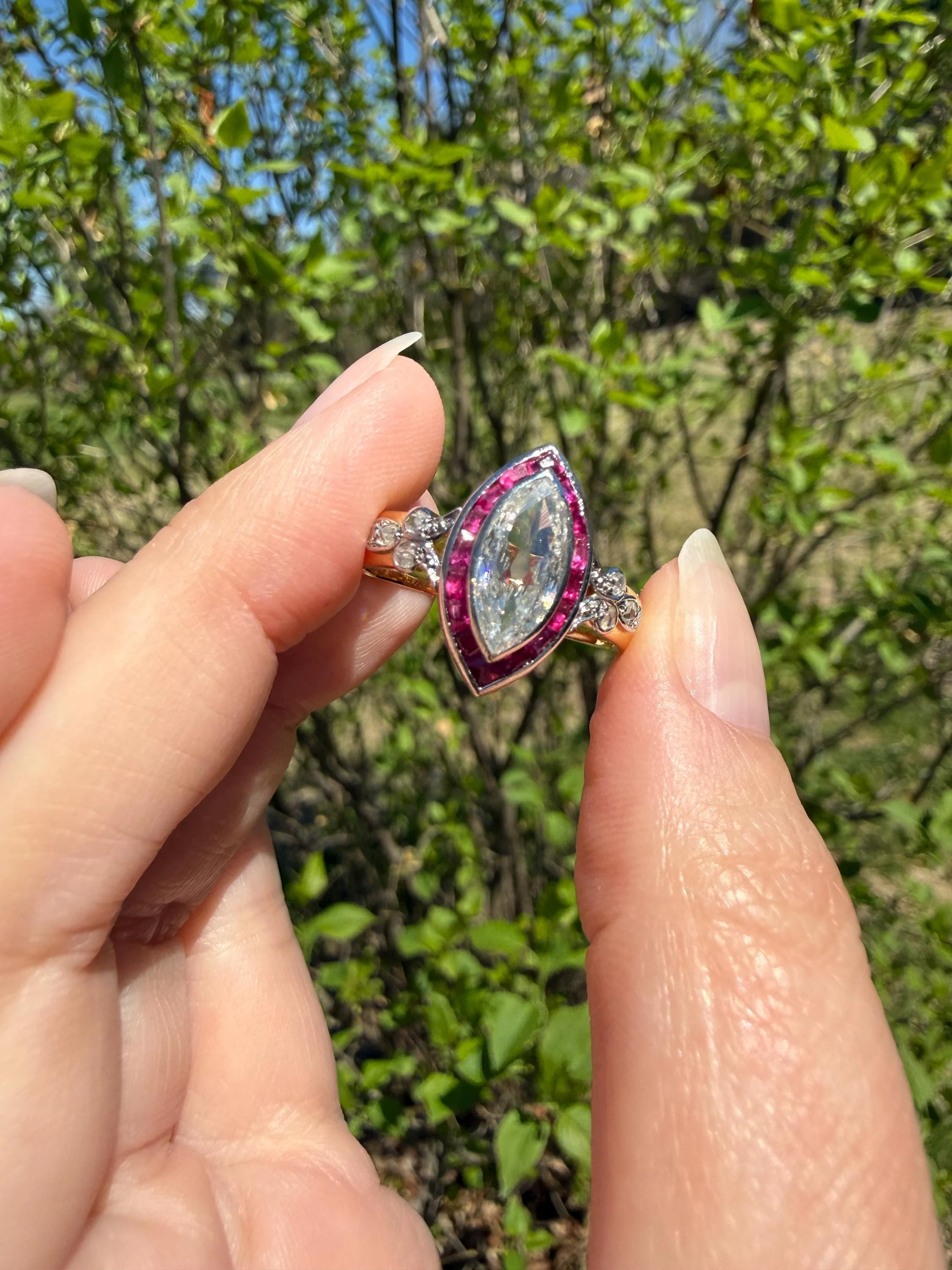 Vintage One Carat Old Cut MARQUISE Diamond Ruby HALO Navette French Art Deco Ring 18k Gold Platinum Belle Epoque Pink Rose Cut Accents - Image 14