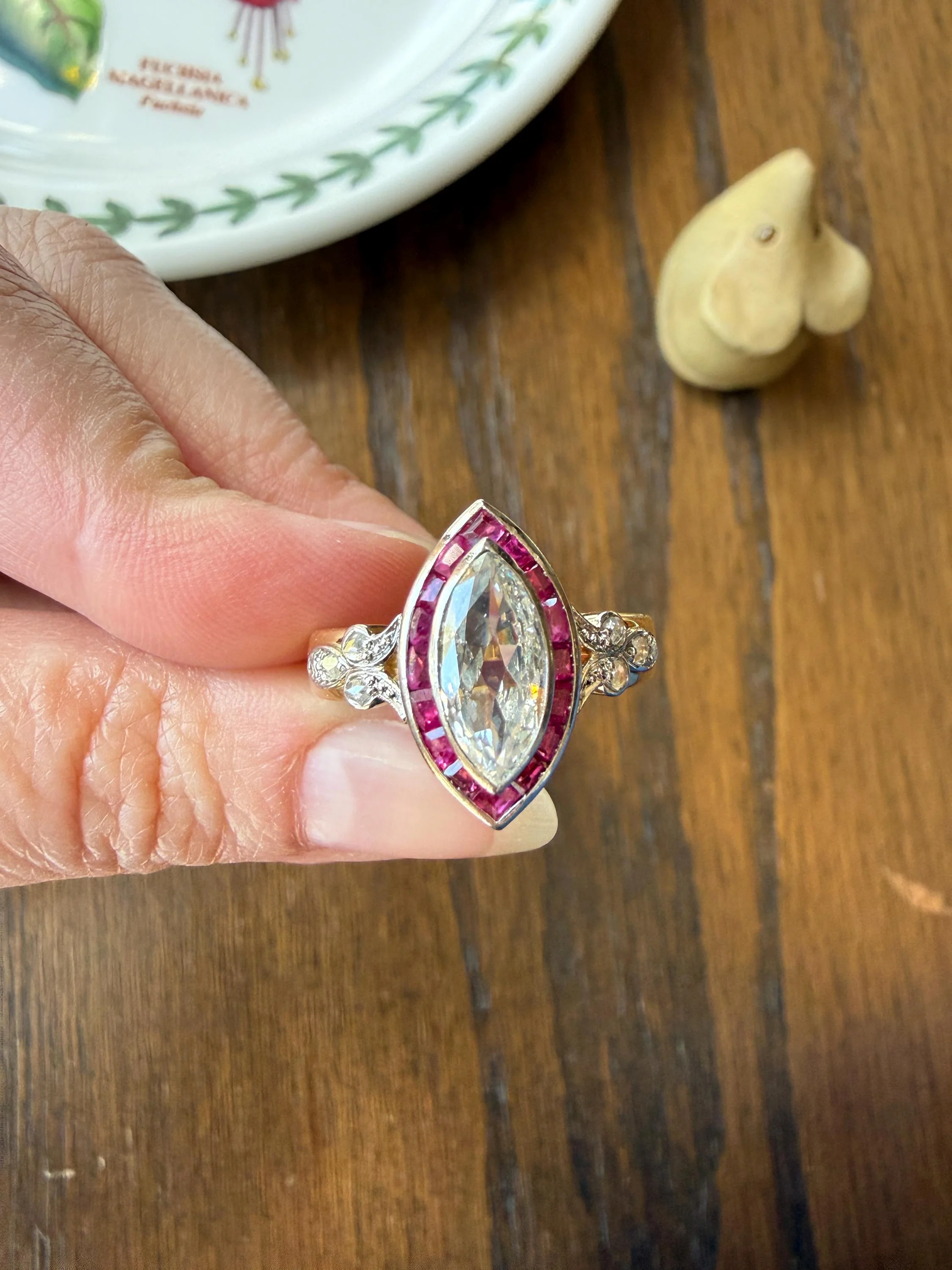 Vintage One Carat Old Cut MARQUISE Diamond Ruby HALO Navette French Art Deco Ring 18k Gold Platinum Belle Epoque Pink Rose Cut Accents - Image 15