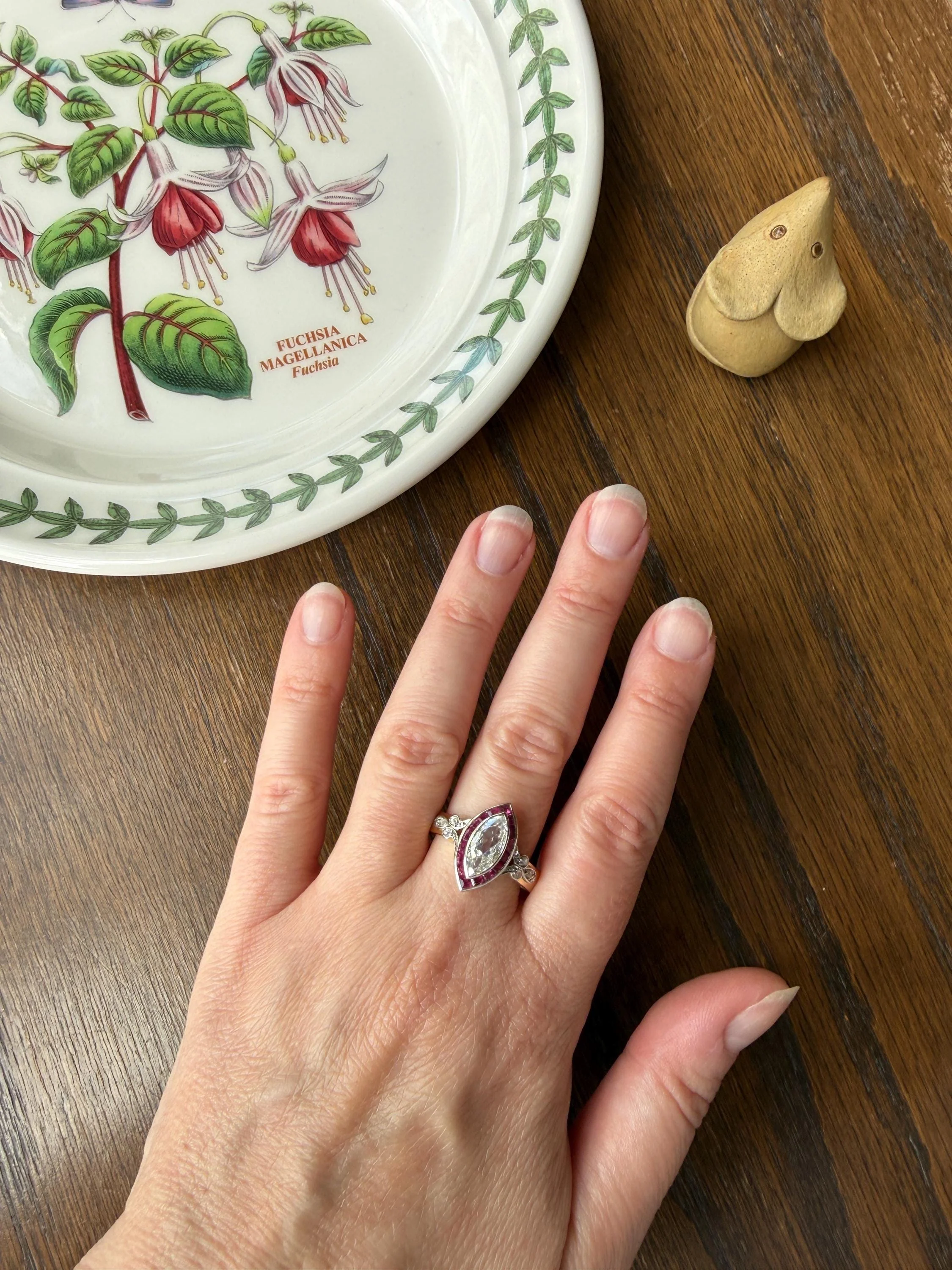 Vintage One Carat Old Cut MARQUISE Diamond Ruby HALO Navette French Art Deco Ring 18k Gold Platinum Belle Epoque Pink Rose Cut Accents - Image 16