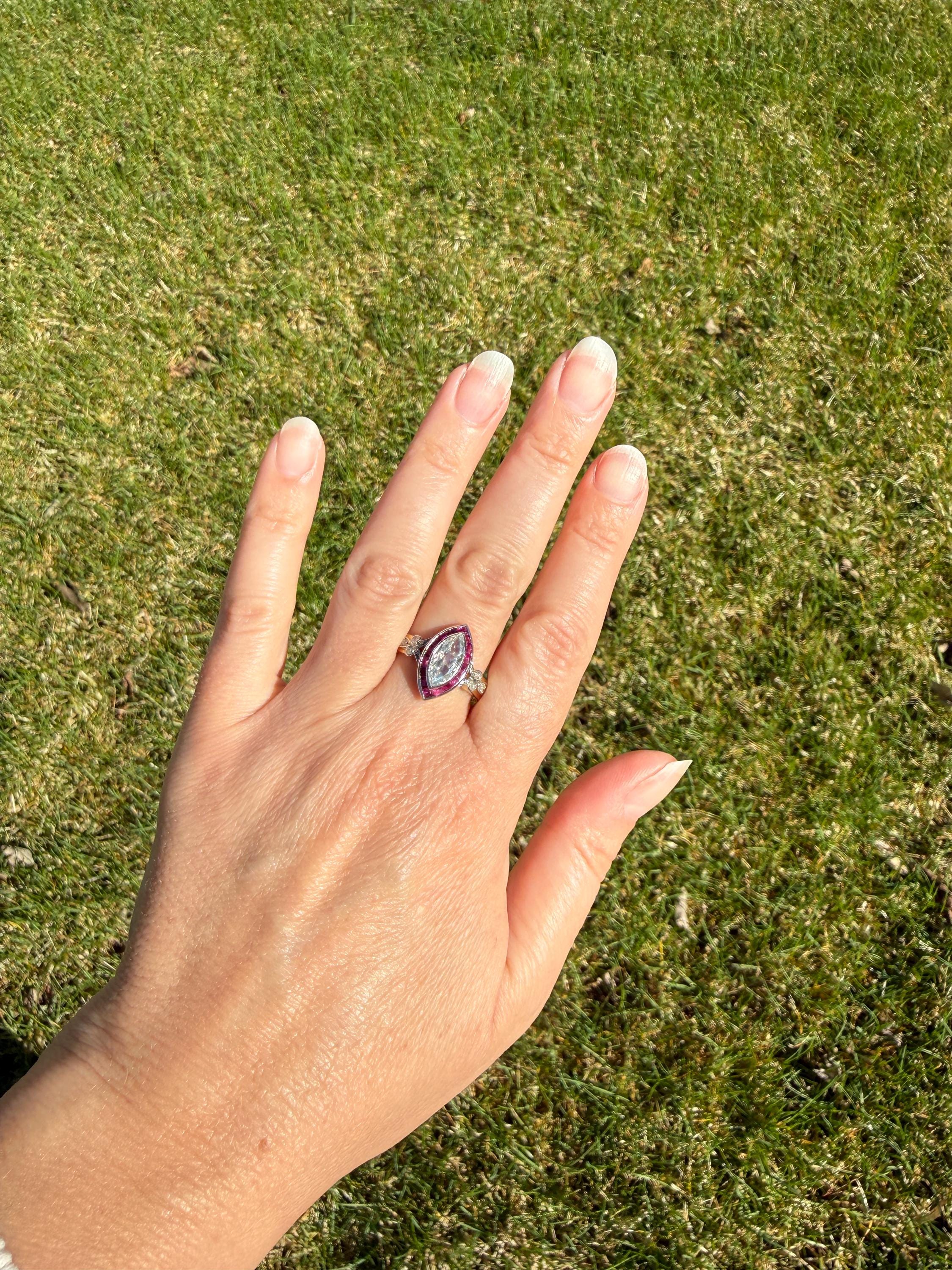 Vintage One Carat Old Cut MARQUISE Diamond Ruby HALO Navette French Art Deco Ring 18k Gold Platinum Belle Epoque Pink Rose Cut Accents - Image 17