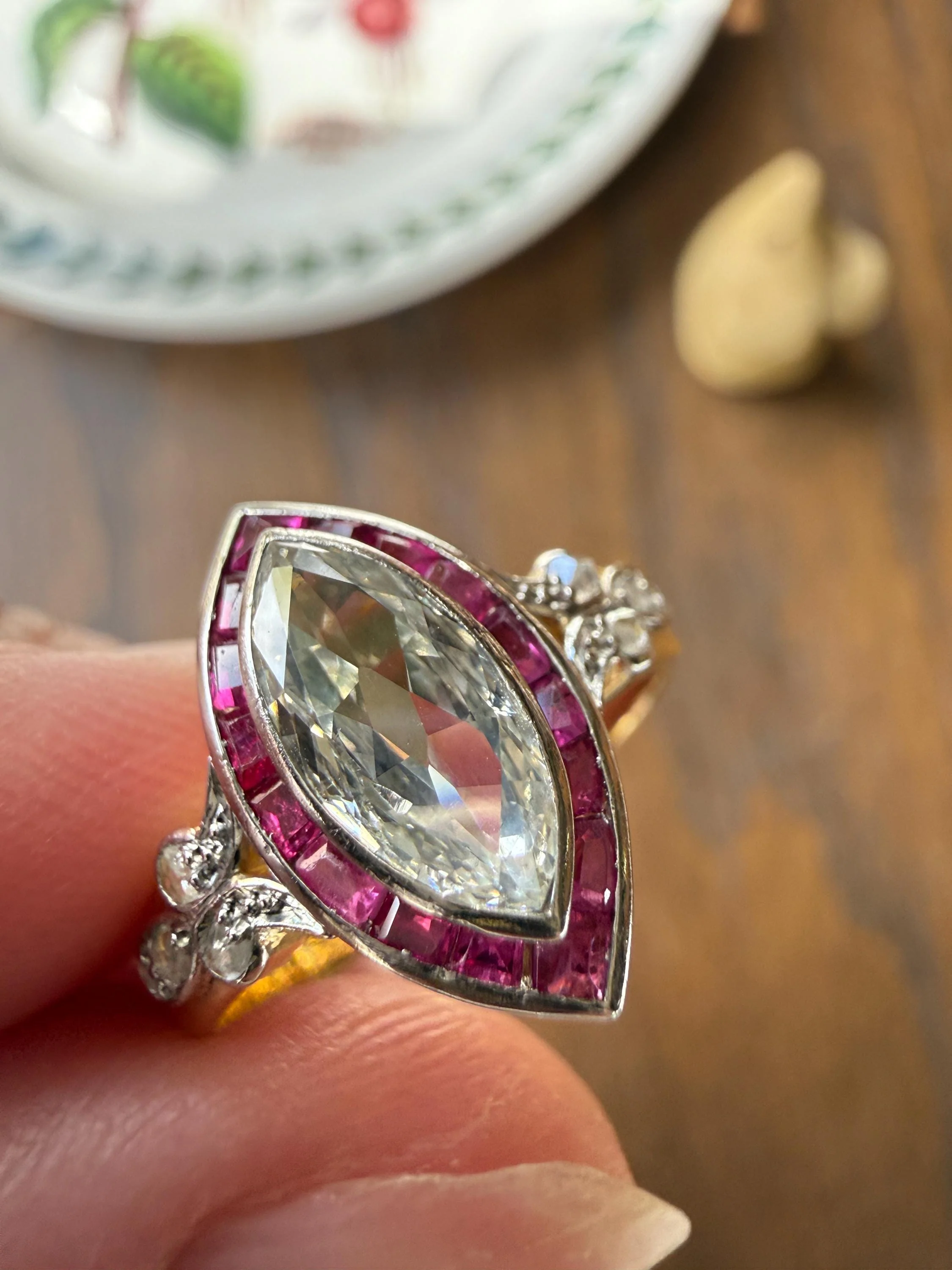 Vintage One Carat Old Cut MARQUISE Diamond Ruby HALO Navette French Art Deco Ring 18k Gold Platinum Belle Epoque Pink Rose Cut Accents - Image 2