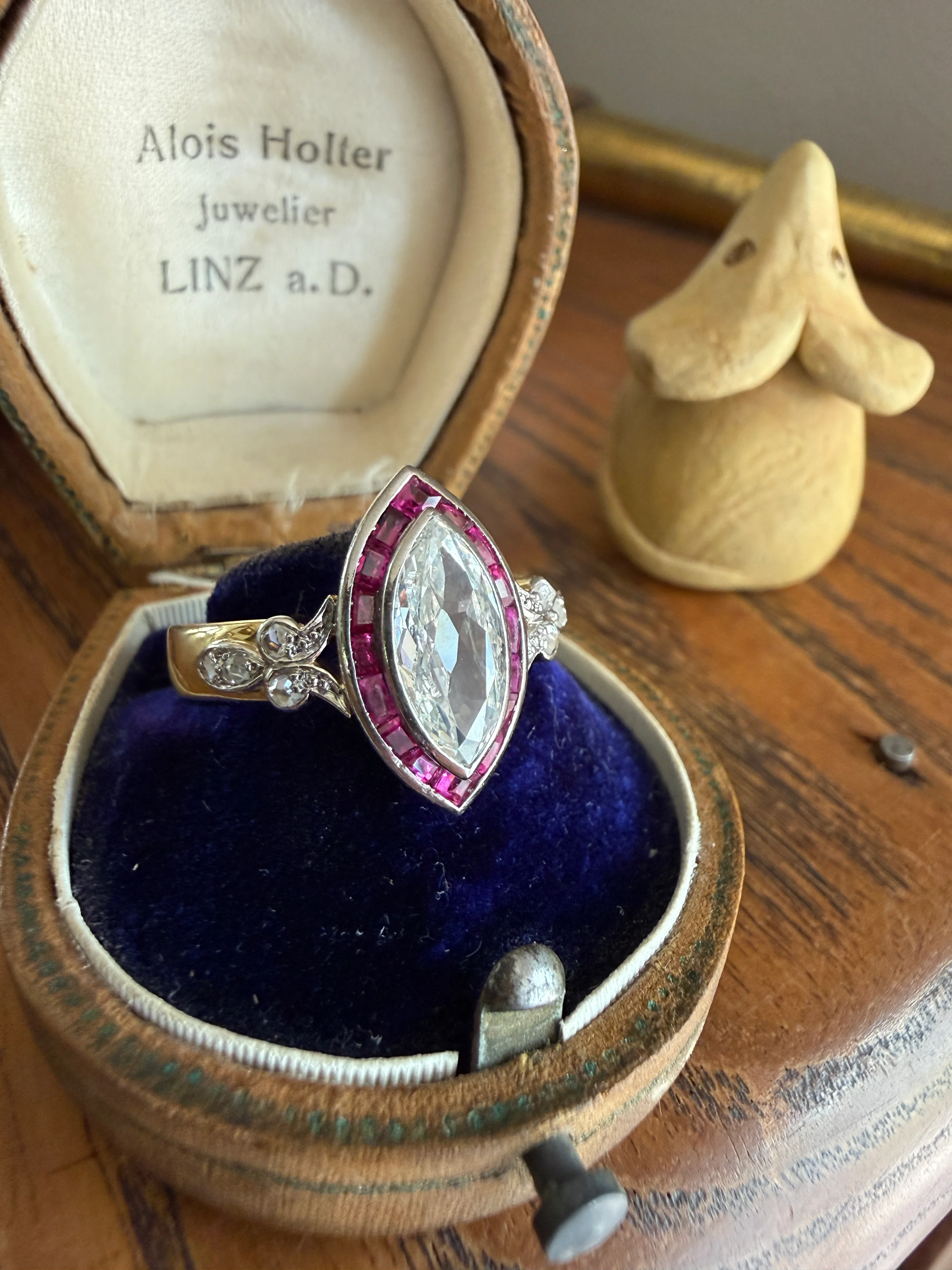 Vintage One Carat Old Cut MARQUISE Diamond Ruby HALO Navette French Art Deco Ring 18k Gold Platinum Belle Epoque Pink Rose Cut Accents - Image 22