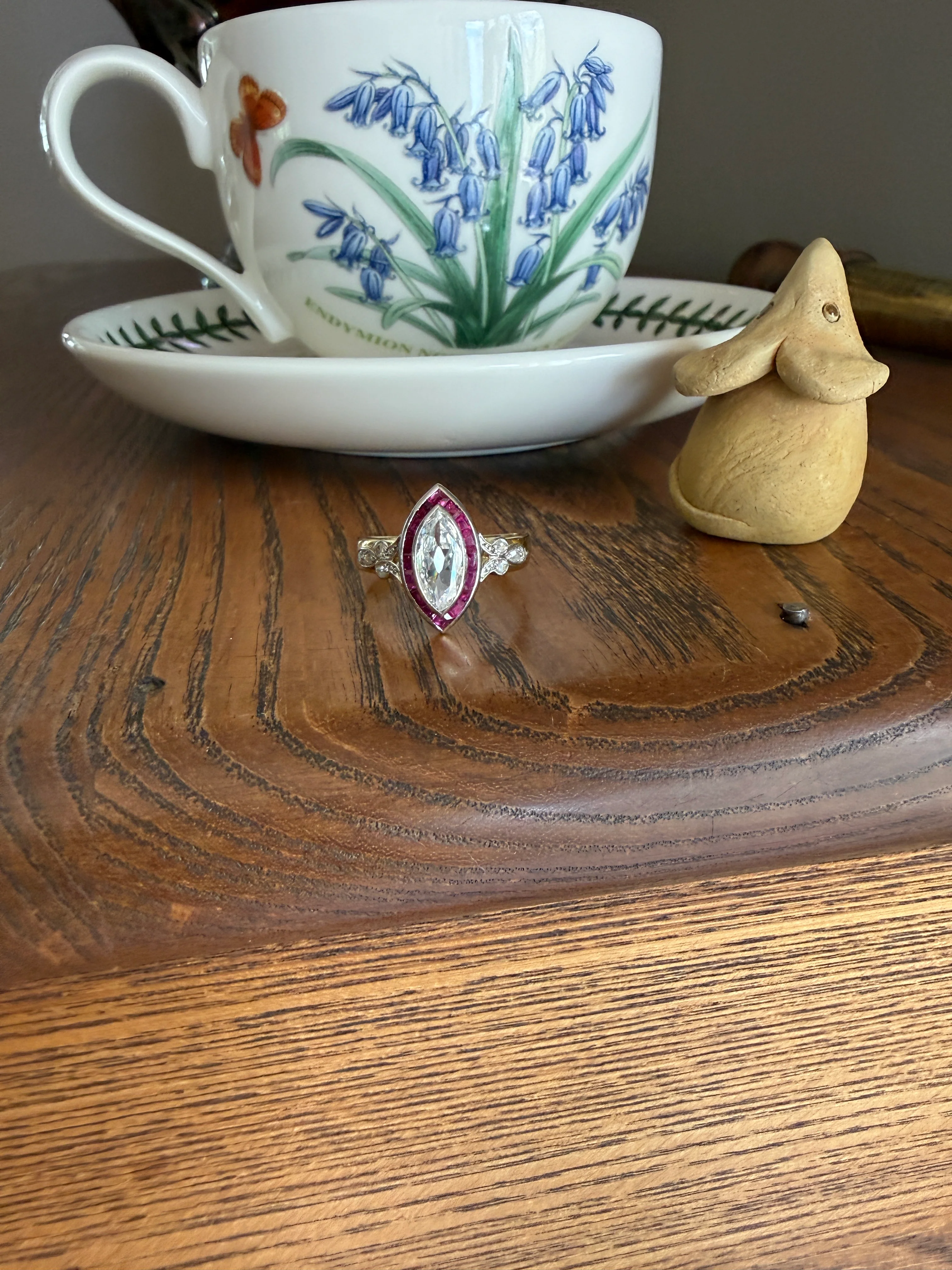 Vintage One Carat Old Cut MARQUISE Diamond Ruby HALO Navette French Art Deco Ring 18k Gold Platinum Belle Epoque Pink Rose Cut Accents - Image 23