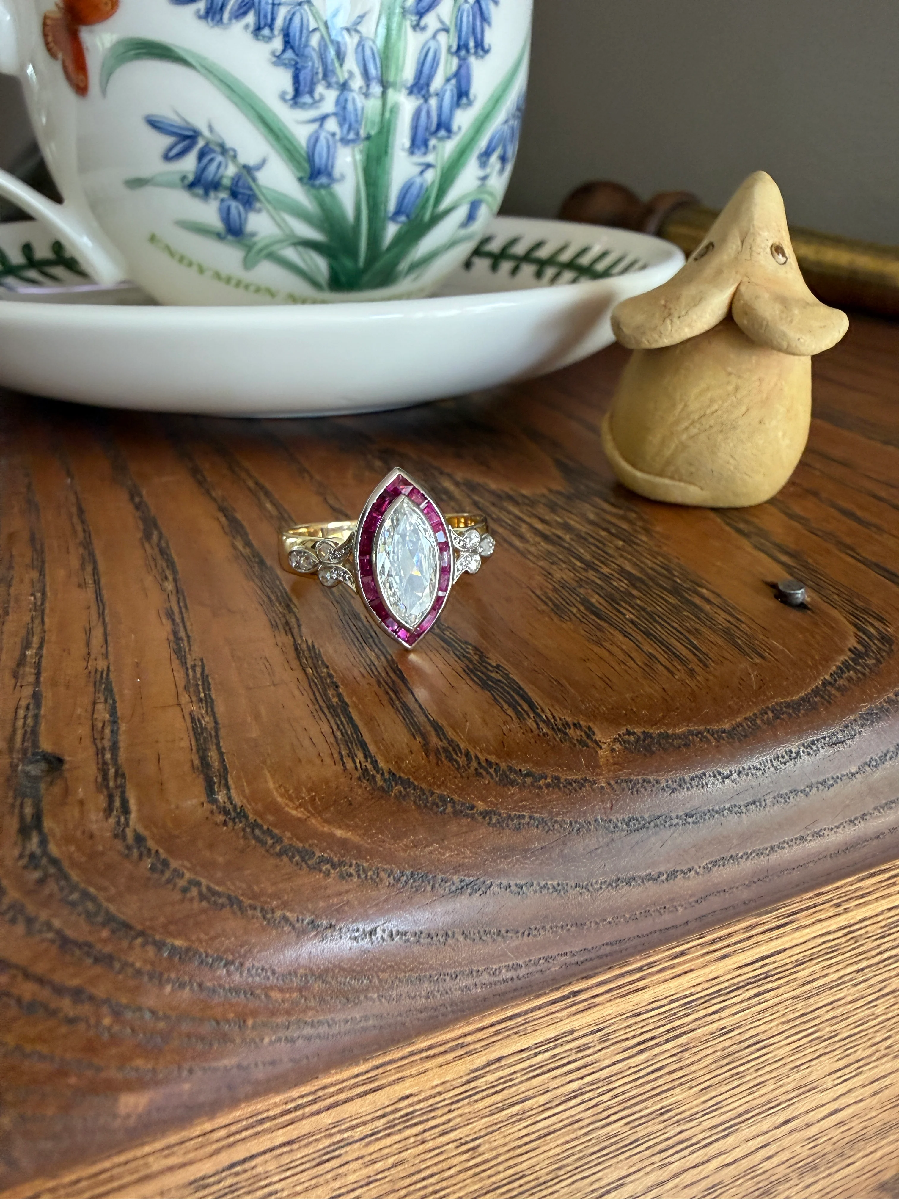 Vintage One Carat Old Cut MARQUISE Diamond Ruby HALO Navette French Art Deco Ring 18k Gold Platinum Belle Epoque Pink Rose Cut Accents - Image 24