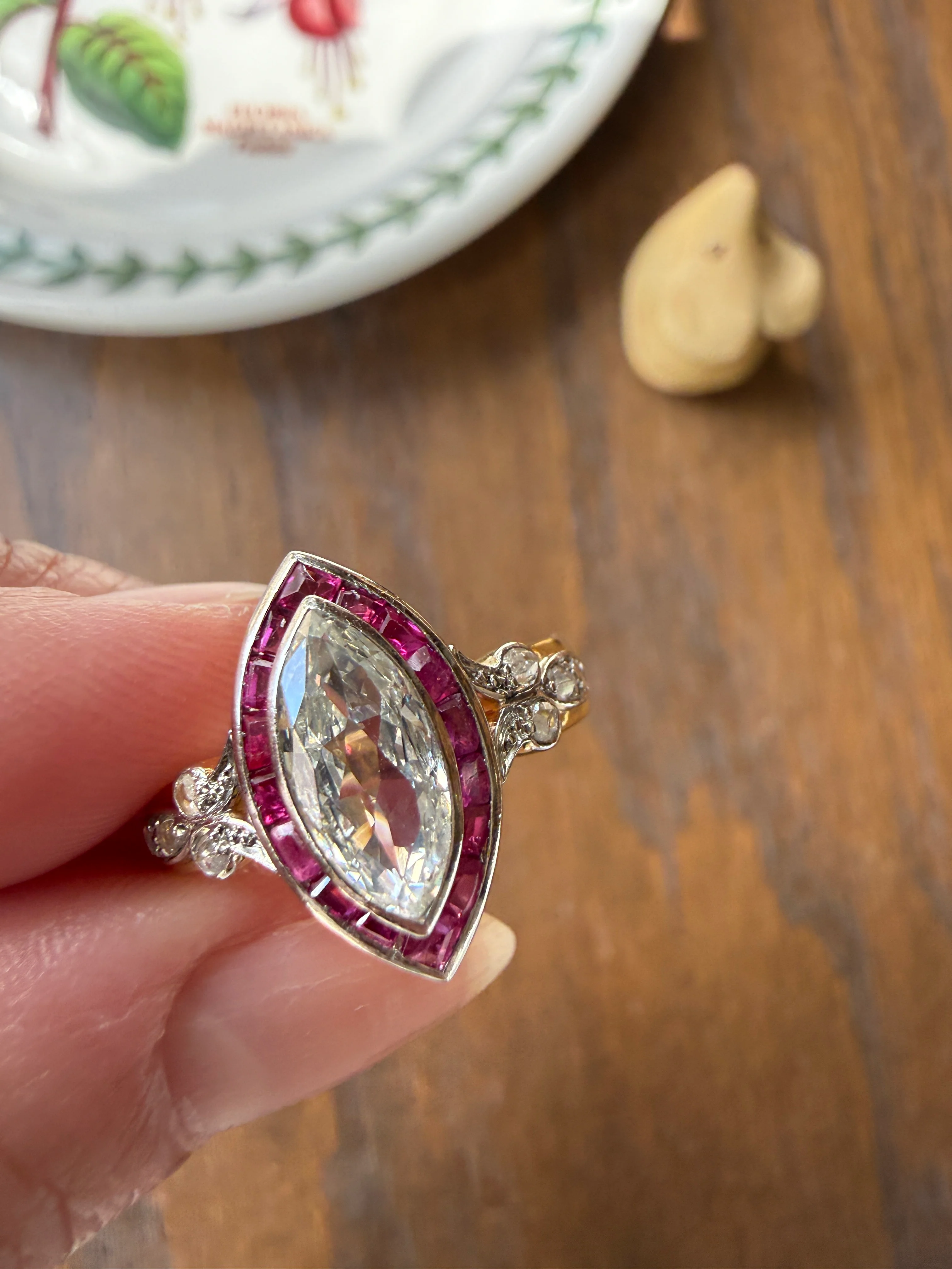 Vintage One Carat Old Cut MARQUISE Diamond Ruby HALO Navette French Art Deco Ring 18k Gold Platinum Belle Epoque Pink Rose Cut Accents - Image 25