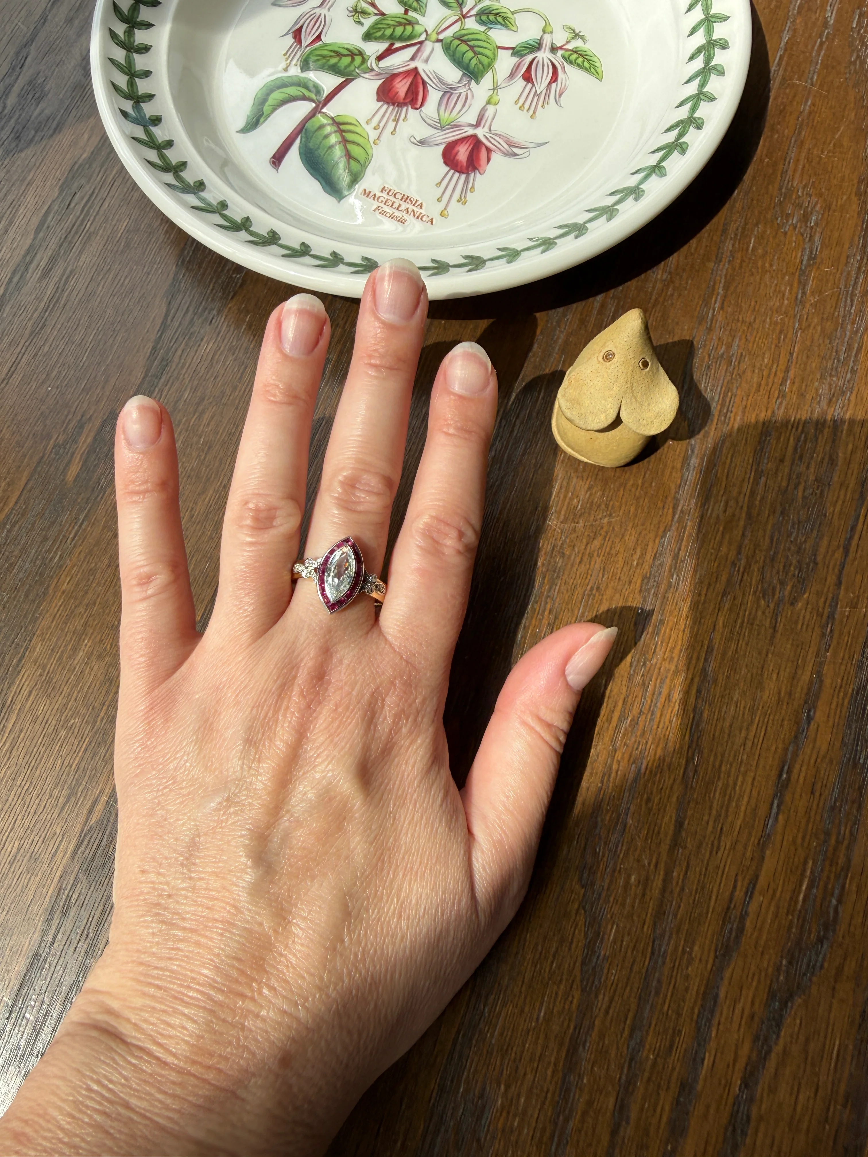 Vintage One Carat Old Cut MARQUISE Diamond Ruby HALO Navette French Art Deco Ring 18k Gold Platinum Belle Epoque Pink Rose Cut Accents - Image 26