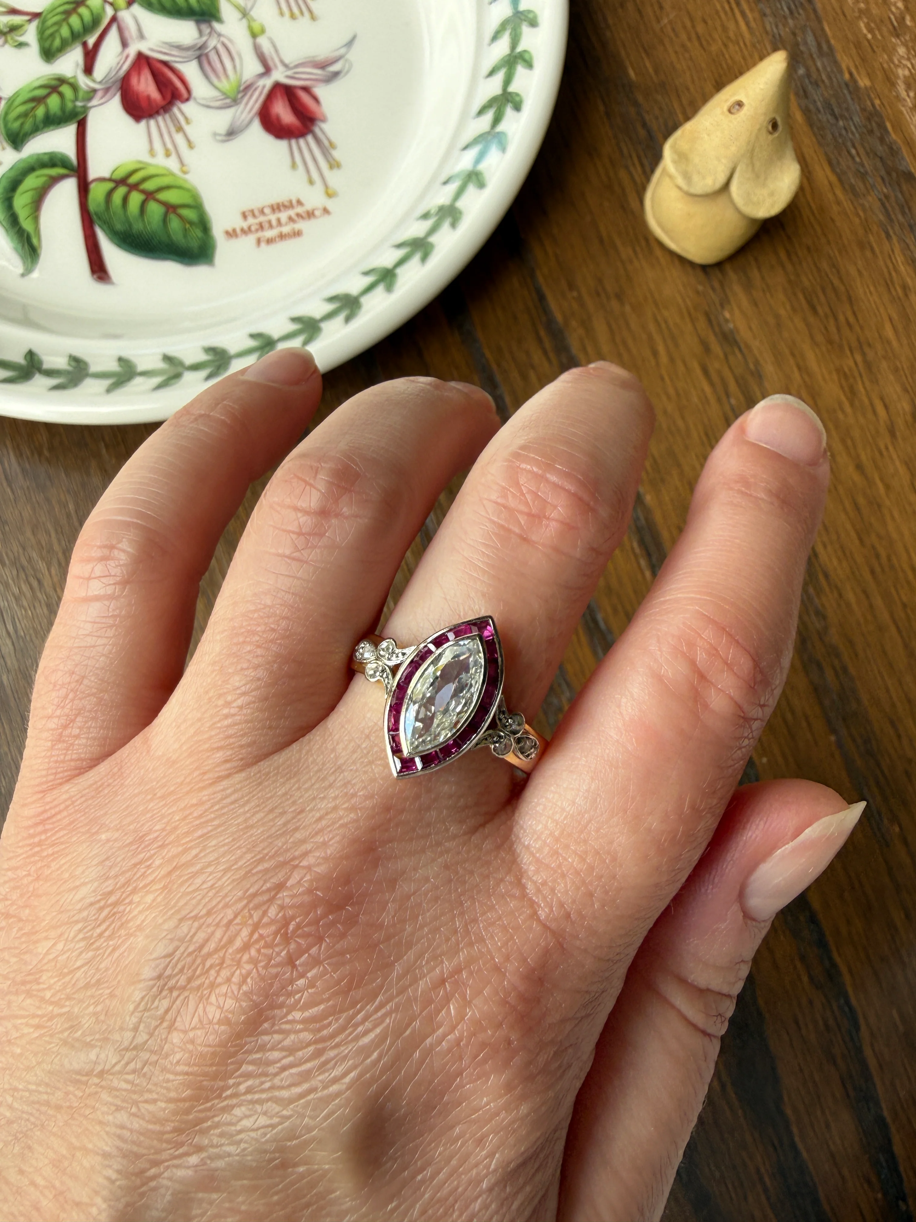 Vintage One Carat Old Cut MARQUISE Diamond Ruby HALO Navette French Art Deco Ring 18k Gold Platinum Belle Epoque Pink Rose Cut Accents - Image 27