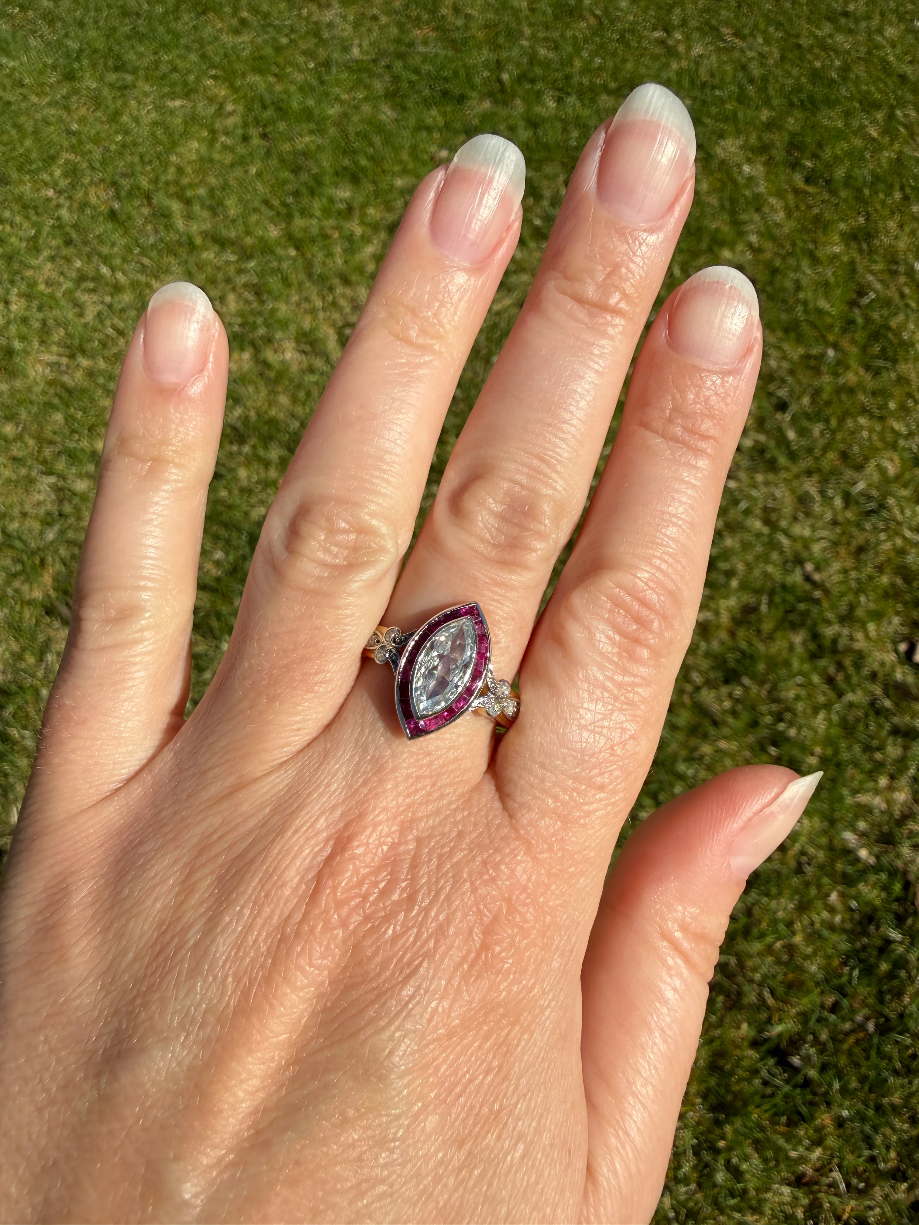 Vintage One Carat Old Cut MARQUISE Diamond Ruby HALO Navette French Art Deco Ring 18k Gold Platinum Belle Epoque Pink Rose Cut Accents - Image 29