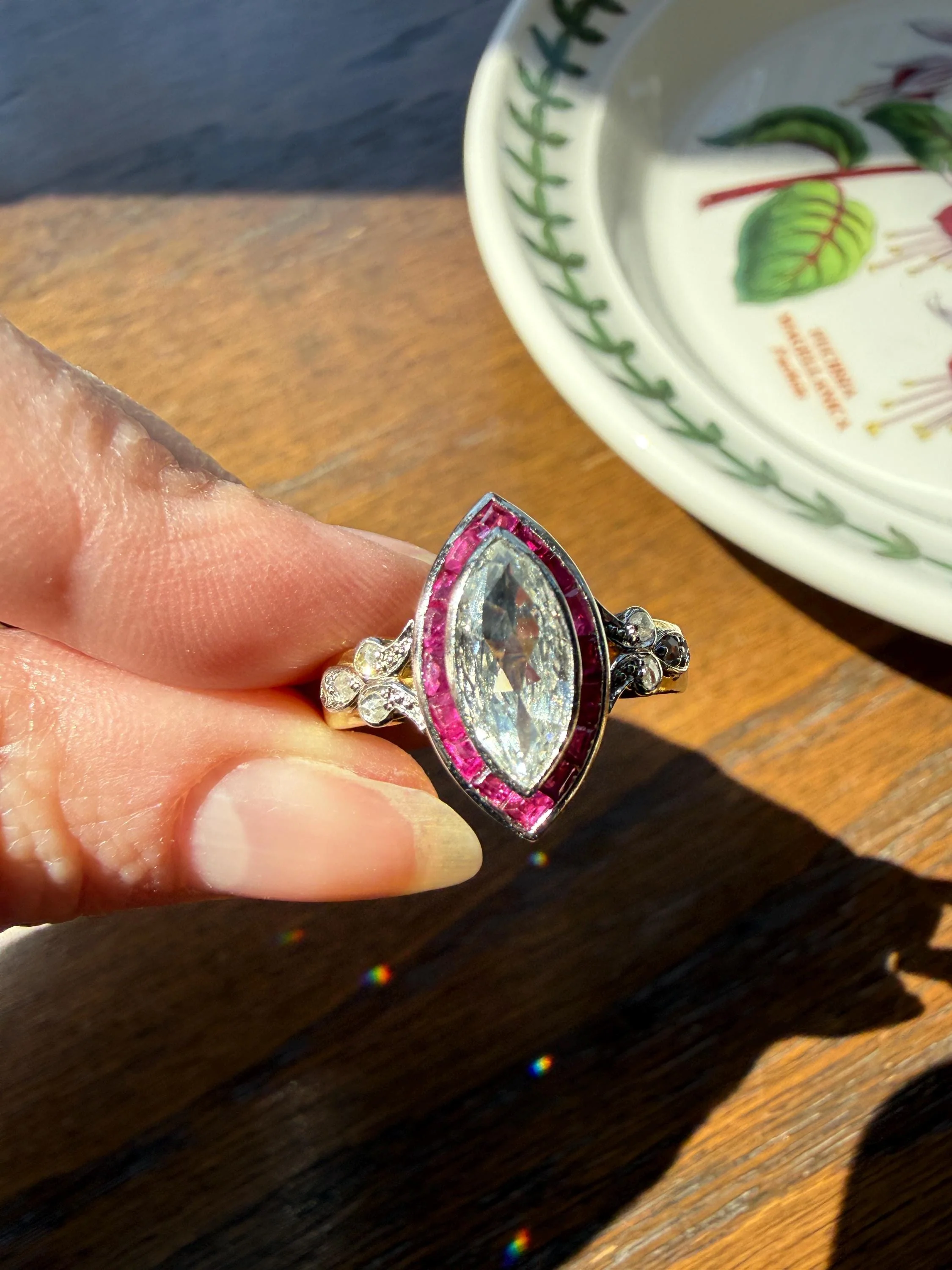 Vintage One Carat Old Cut MARQUISE Diamond Ruby HALO Navette French Art Deco Ring 18k Gold Platinum Belle Epoque Pink Rose Cut Accents - Image 3