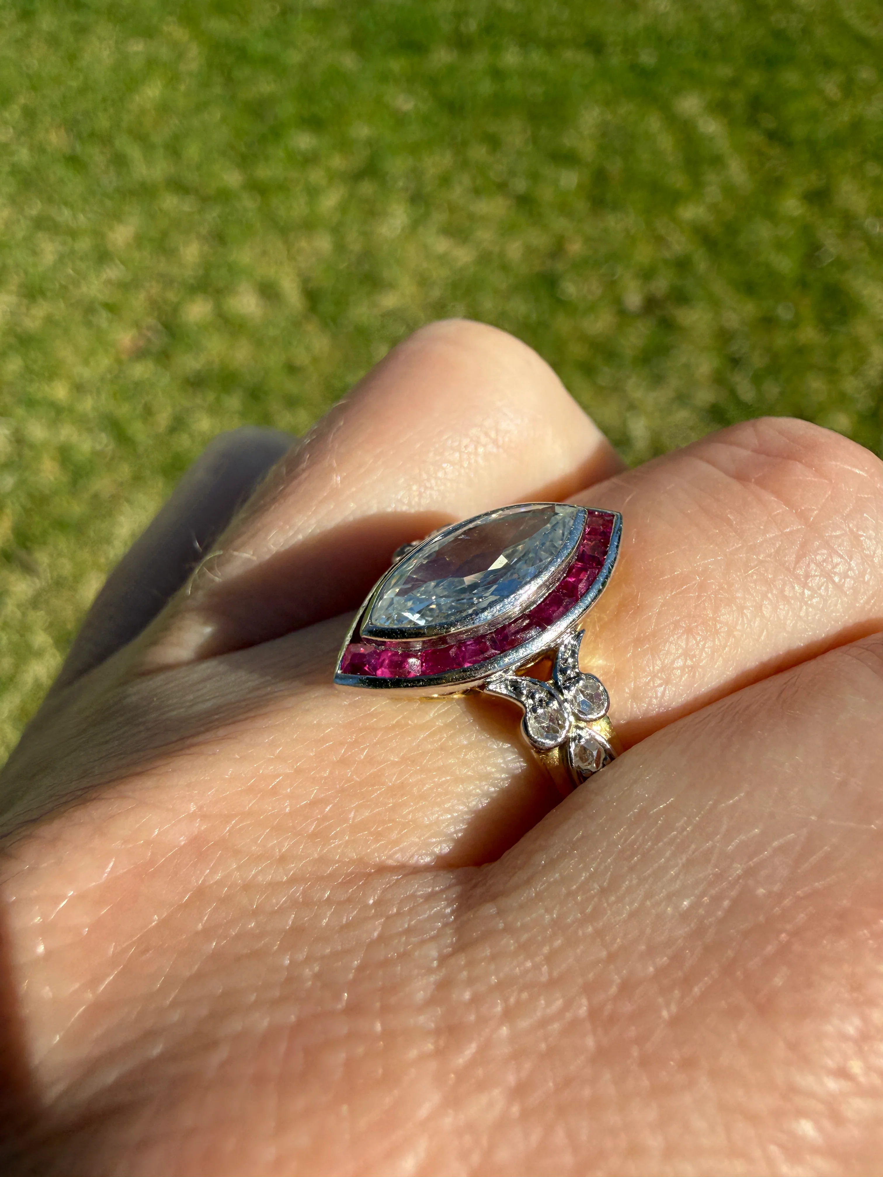 Vintage One Carat Old Cut MARQUISE Diamond Ruby HALO Navette French Art Deco Ring 18k Gold Platinum Belle Epoque Pink Rose Cut Accents - Image 30