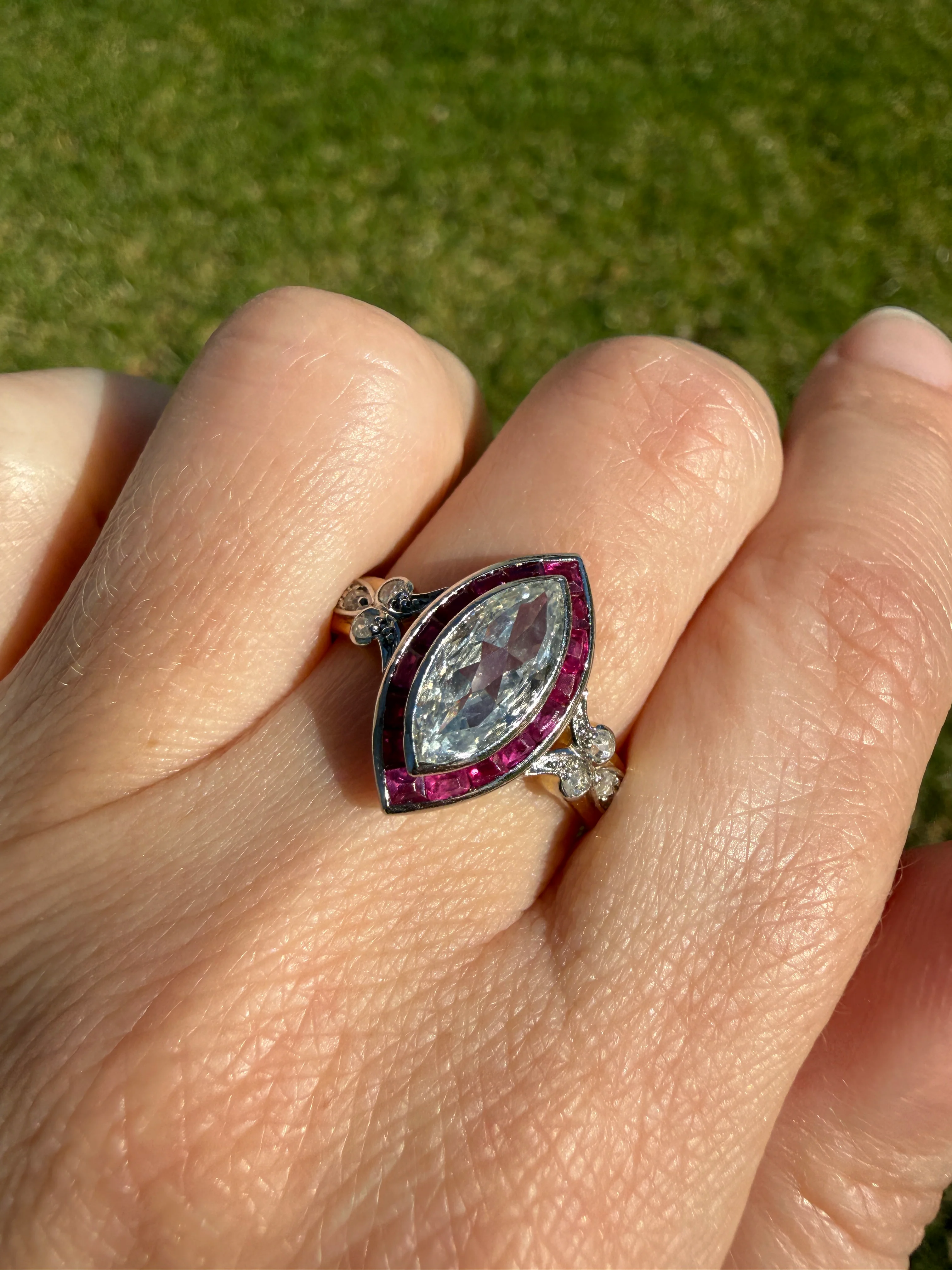 Vintage One Carat Old Cut MARQUISE Diamond Ruby HALO Navette French Art Deco Ring 18k Gold Platinum Belle Epoque Pink Rose Cut Accents - Image 31