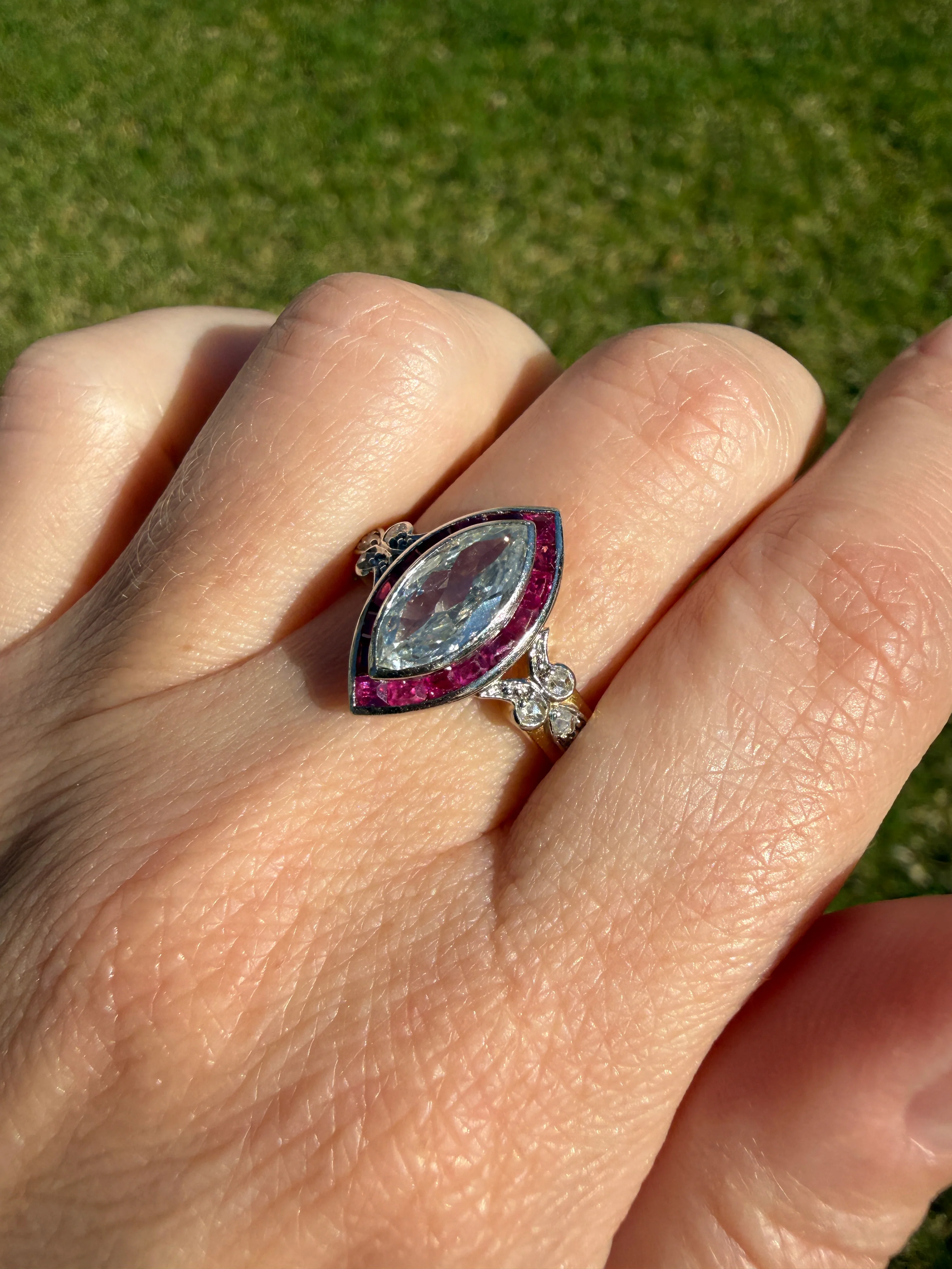 Vintage One Carat Old Cut MARQUISE Diamond Ruby HALO Navette French Art Deco Ring 18k Gold Platinum Belle Epoque Pink Rose Cut Accents - Image 32