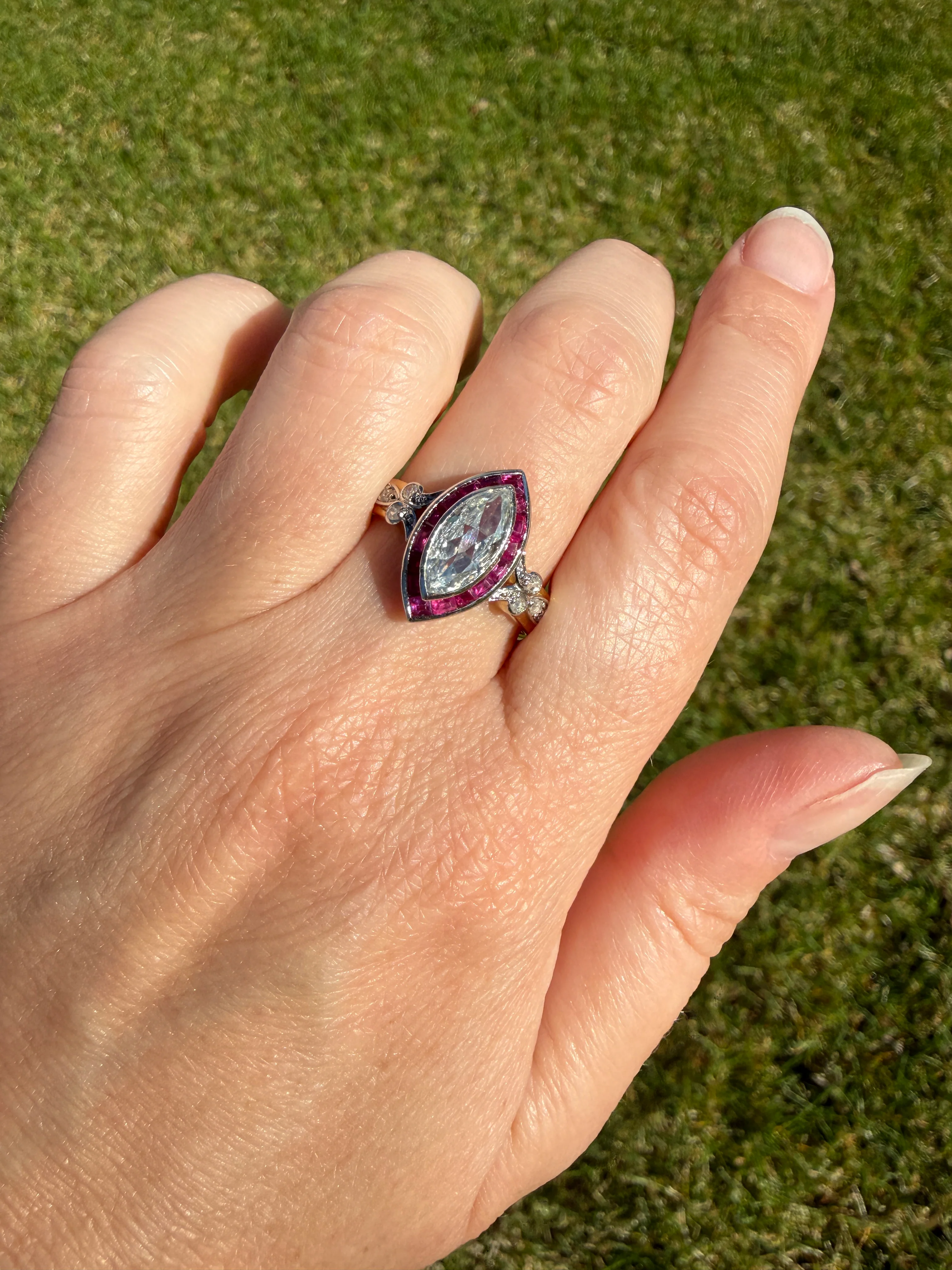 Vintage One Carat Old Cut MARQUISE Diamond Ruby HALO Navette French Art Deco Ring 18k Gold Platinum Belle Epoque Pink Rose Cut Accents - Image 33