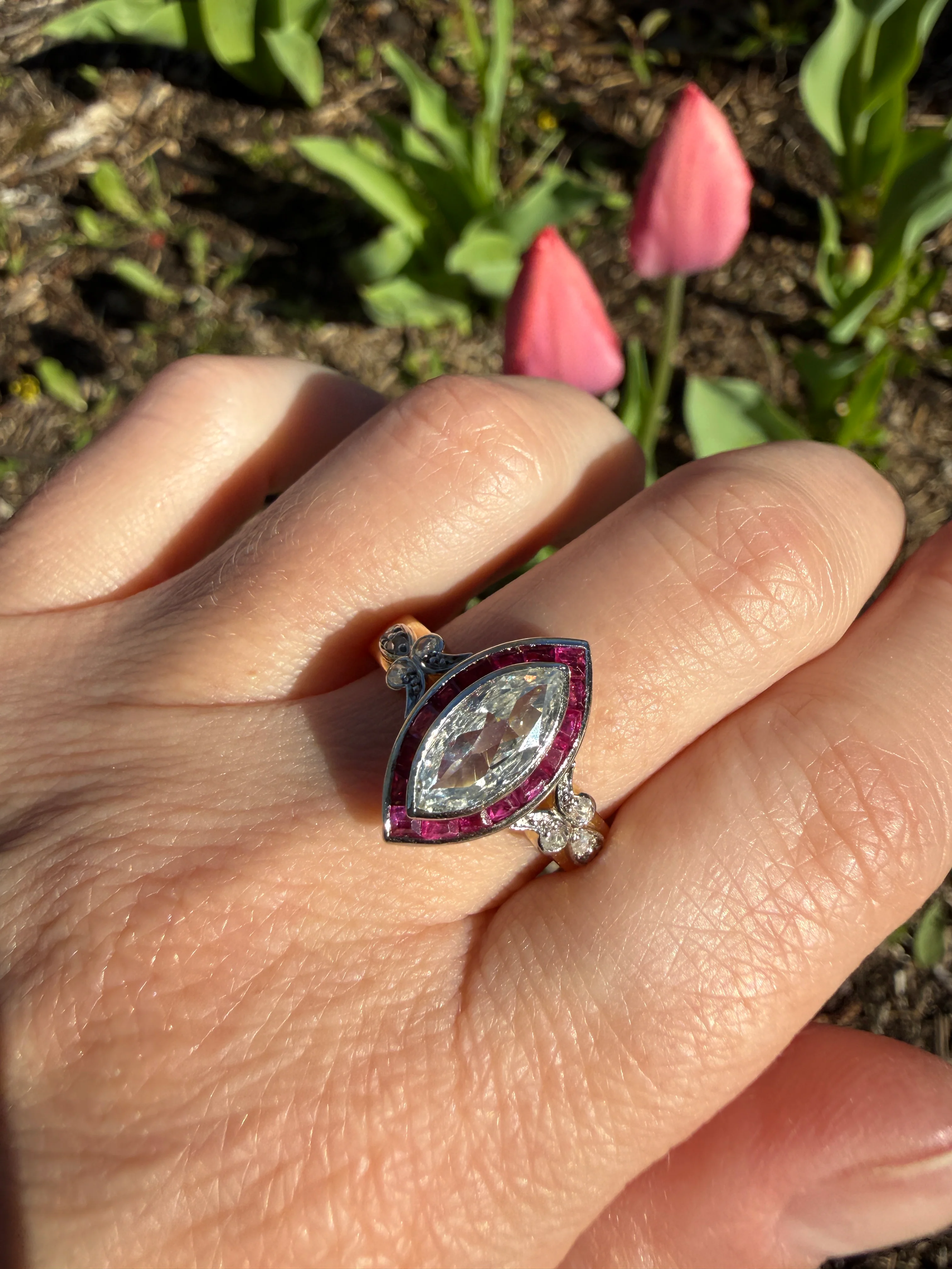 Vintage One Carat Old Cut MARQUISE Diamond Ruby HALO Navette French Art Deco Ring 18k Gold Platinum Belle Epoque Pink Rose Cut Accents - Image 34