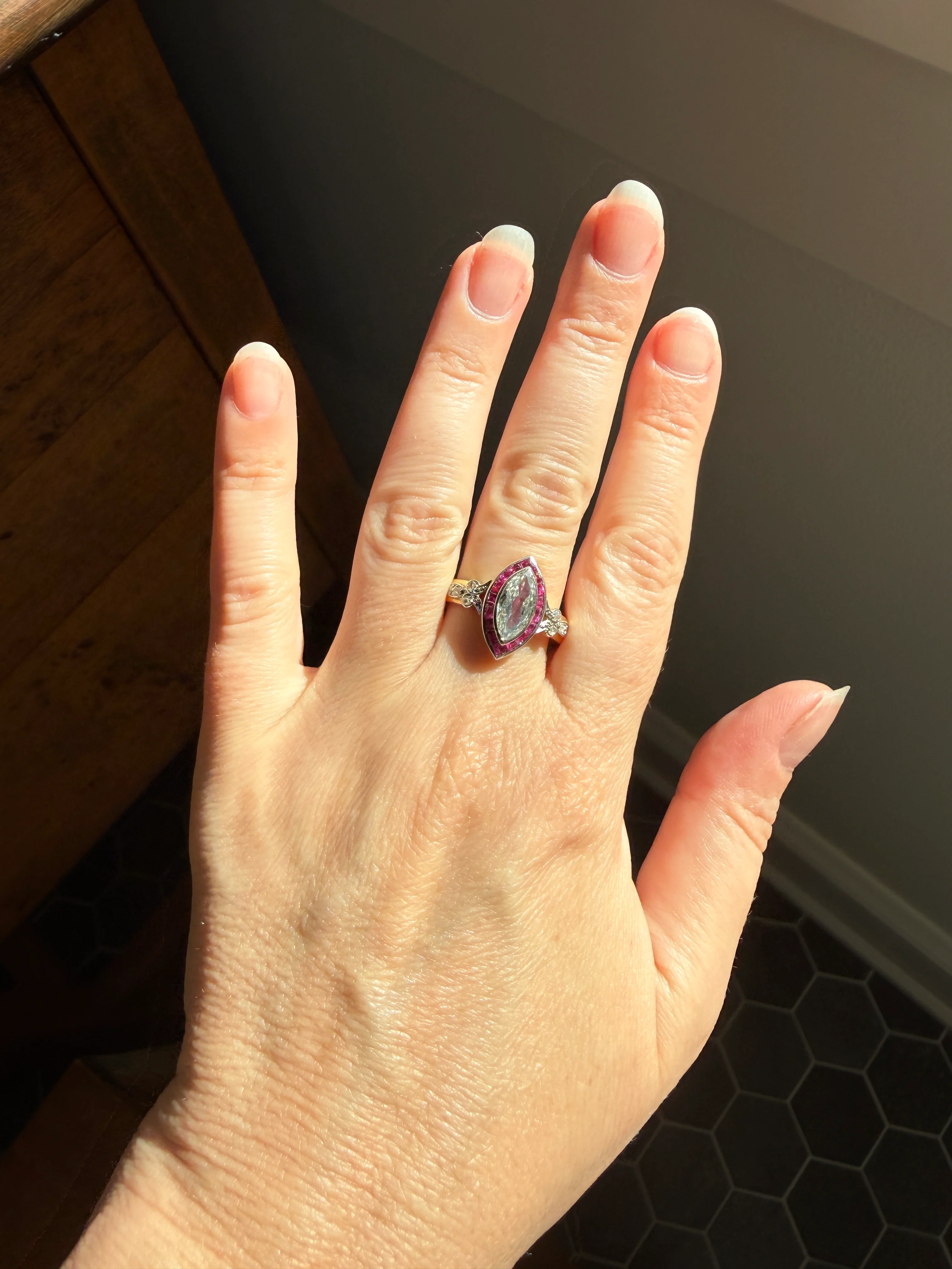 Vintage One Carat Old Cut MARQUISE Diamond Ruby HALO Navette French Art Deco Ring 18k Gold Platinum Belle Epoque Pink Rose Cut Accents - Image 35