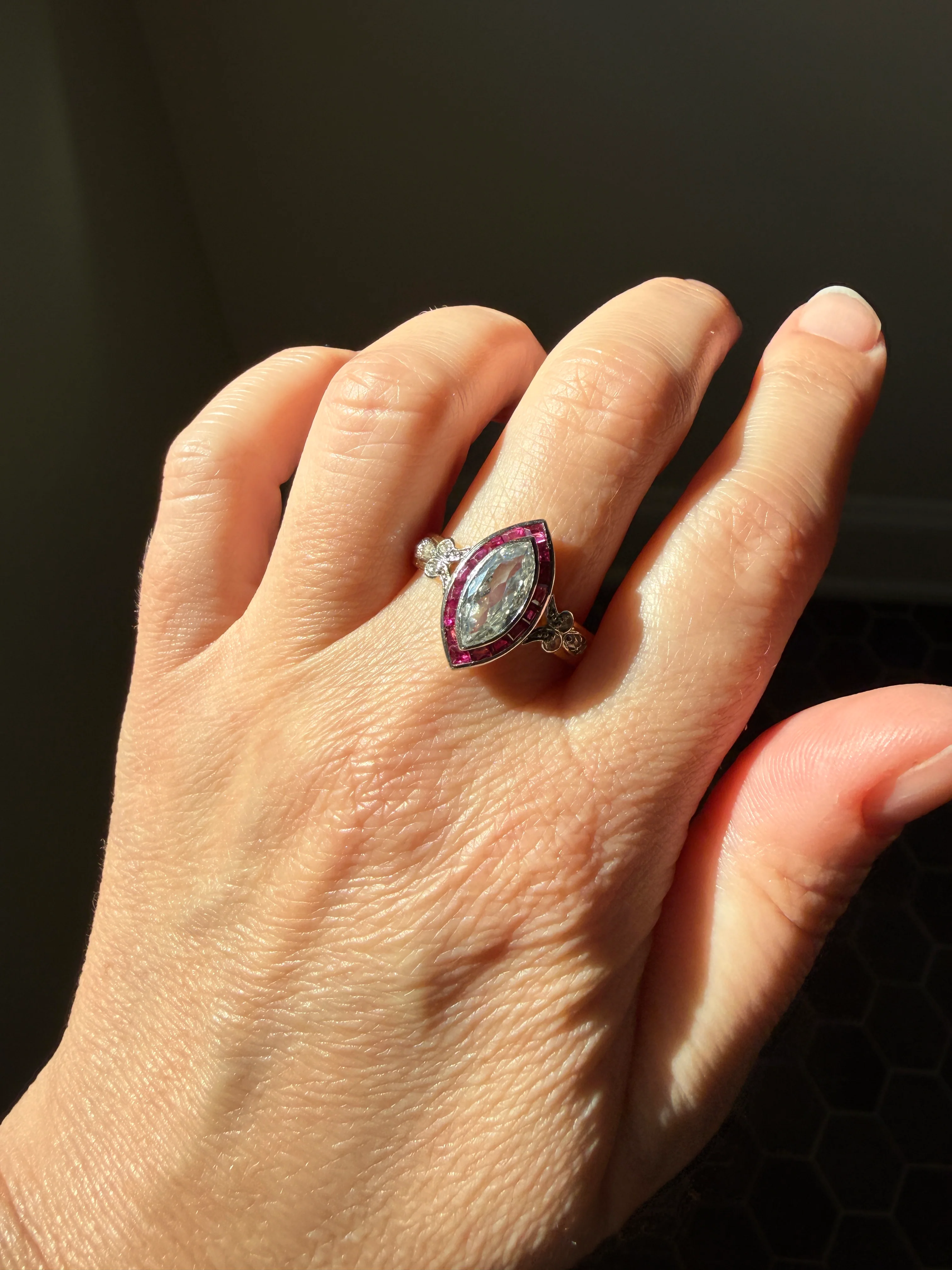 Vintage One Carat Old Cut MARQUISE Diamond Ruby HALO Navette French Art Deco Ring 18k Gold Platinum Belle Epoque Pink Rose Cut Accents - Image 36