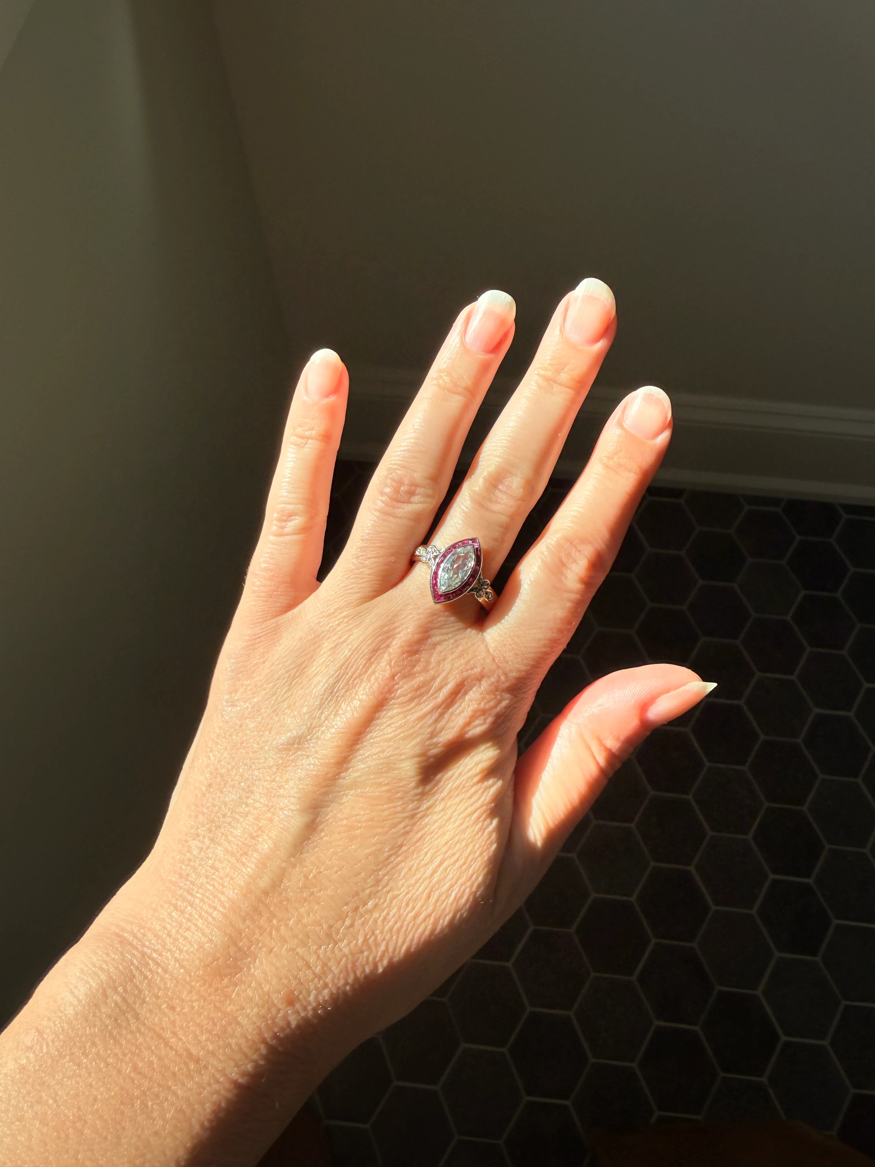 Vintage One Carat Old Cut MARQUISE Diamond Ruby HALO Navette French Art Deco Ring 18k Gold Platinum Belle Epoque Pink Rose Cut Accents - Image 37