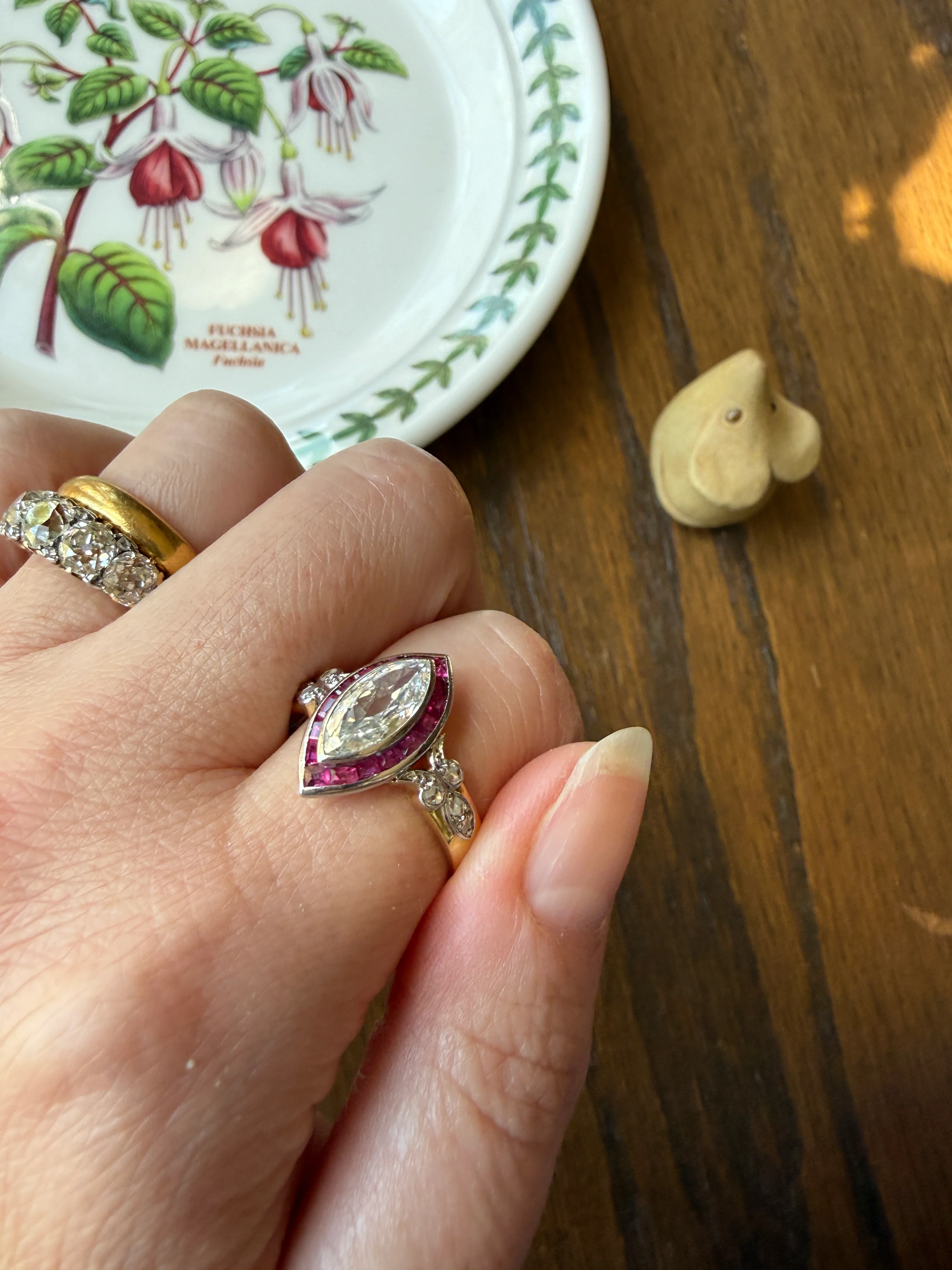 Vintage One Carat Old Cut MARQUISE Diamond Ruby HALO Navette French Art Deco Ring 18k Gold Platinum Belle Epoque Pink Rose Cut Accents - Image 38