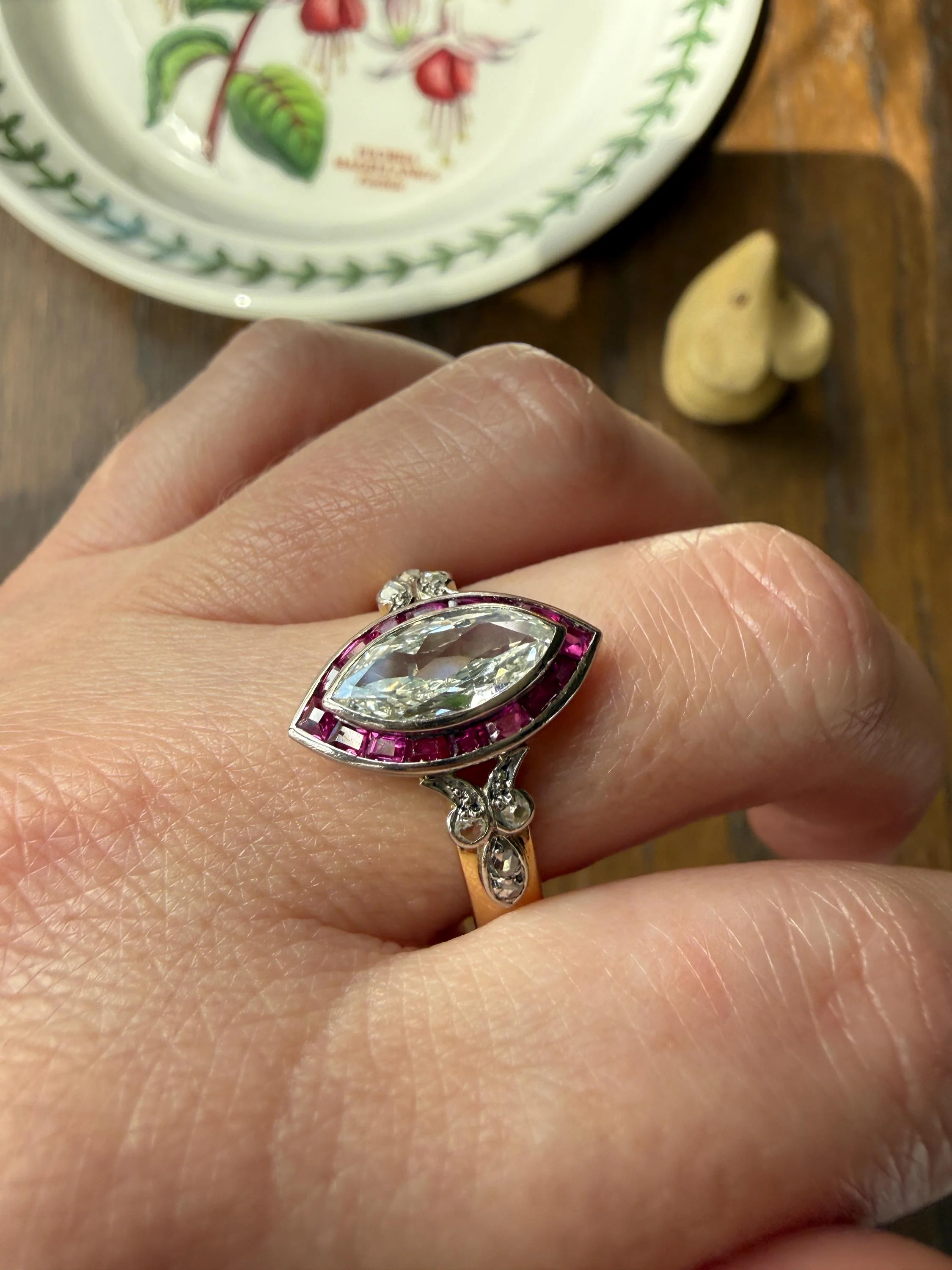 Vintage One Carat Old Cut MARQUISE Diamond Ruby HALO Navette French Art Deco Ring 18k Gold Platinum Belle Epoque Pink Rose Cut Accents - Image 4