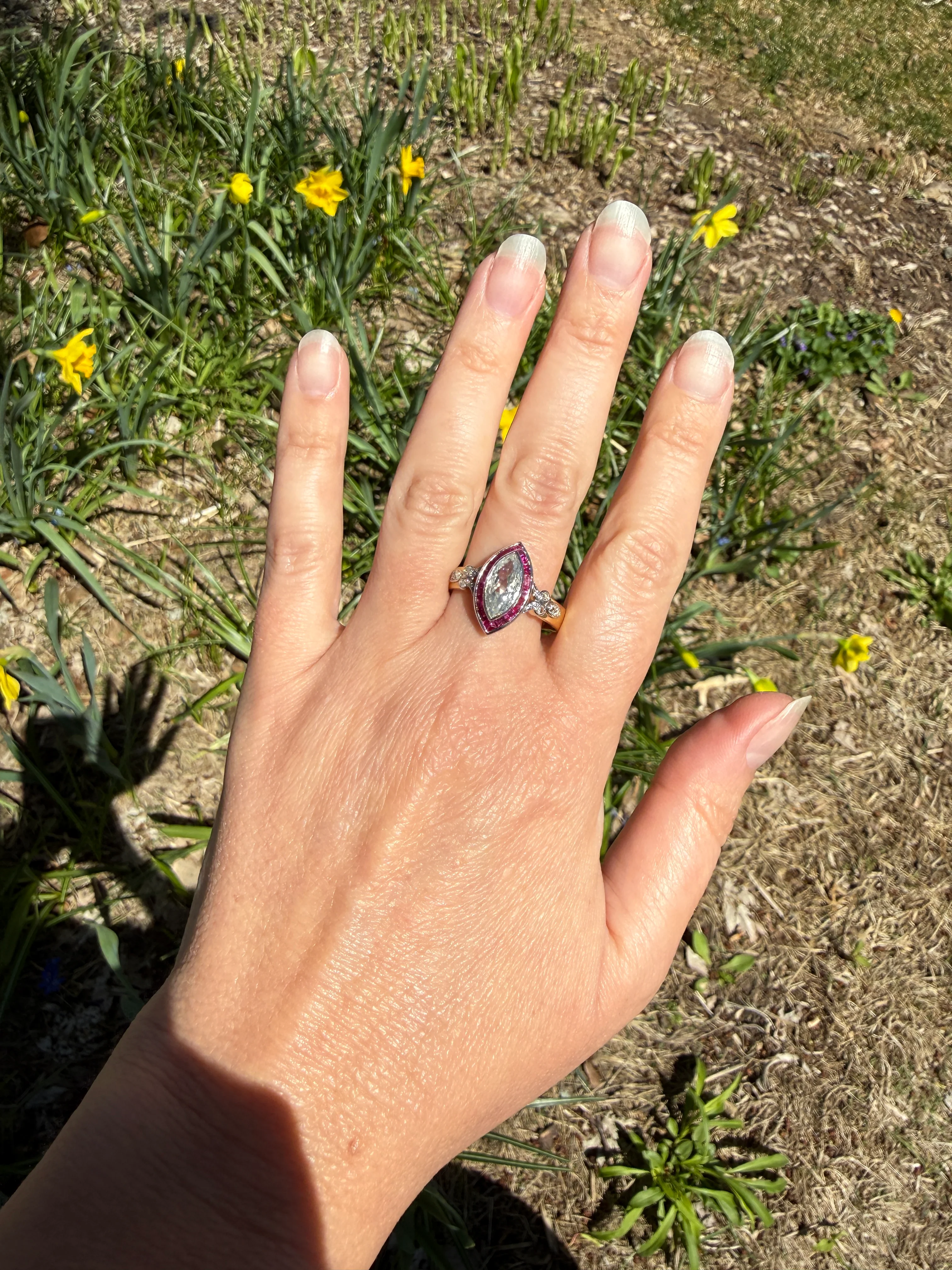 Vintage One Carat Old Cut MARQUISE Diamond Ruby HALO Navette French Art Deco Ring 18k Gold Platinum Belle Epoque Pink Rose Cut Accents - Image 40