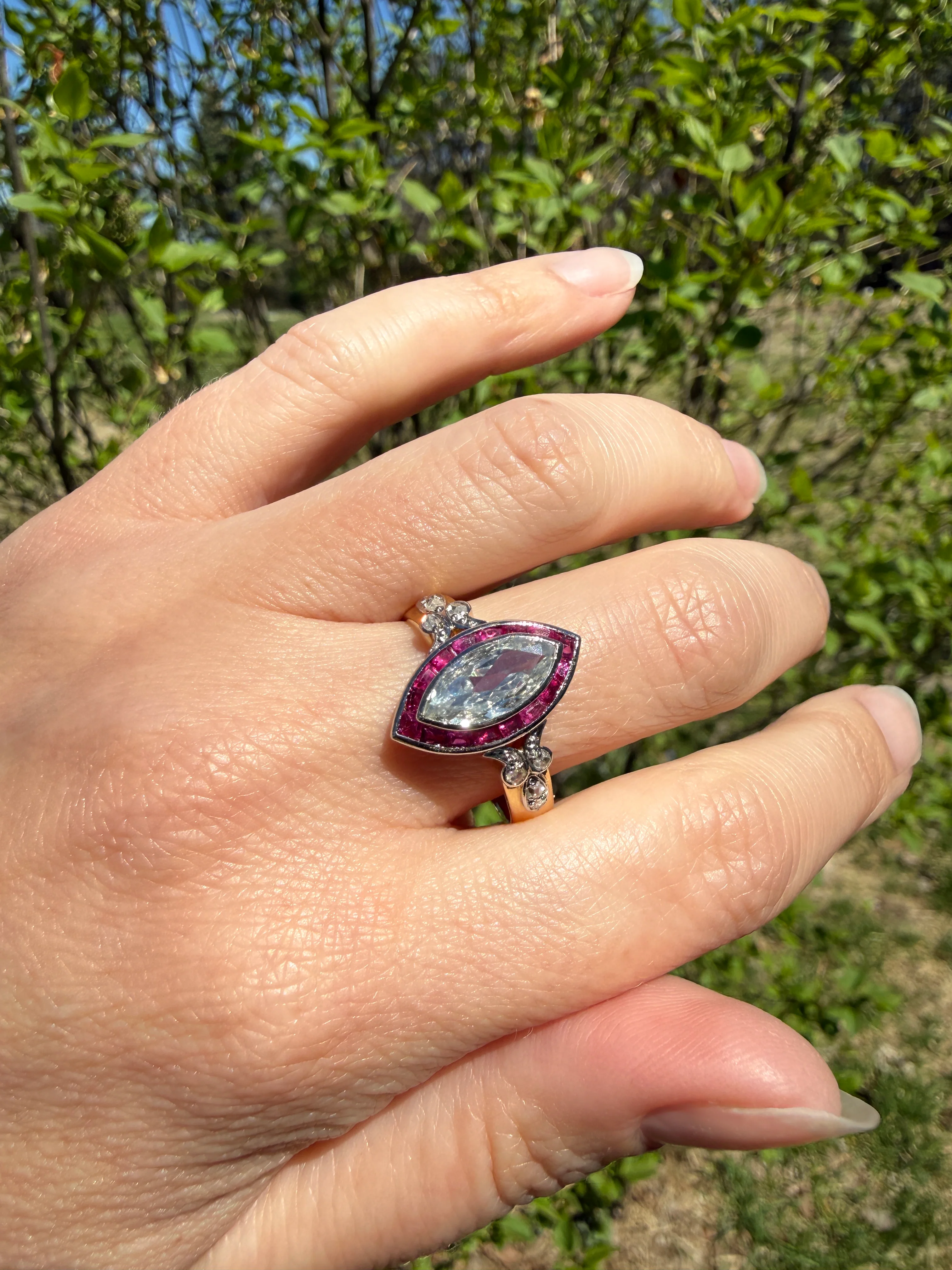 Vintage One Carat Old Cut MARQUISE Diamond Ruby HALO Navette French Art Deco Ring 18k Gold Platinum Belle Epoque Pink Rose Cut Accents - Image 41