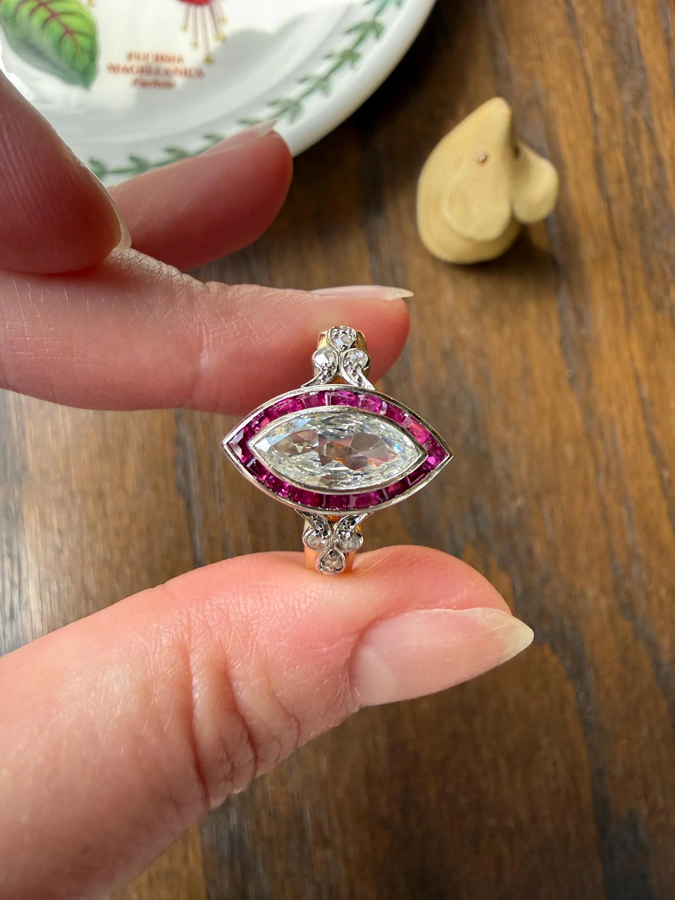 Vintage One Carat Old Cut MARQUISE Diamond Ruby HALO Navette French Art Deco Ring 18k Gold Platinum Belle Epoque Pink Rose Cut Accents - Image 5