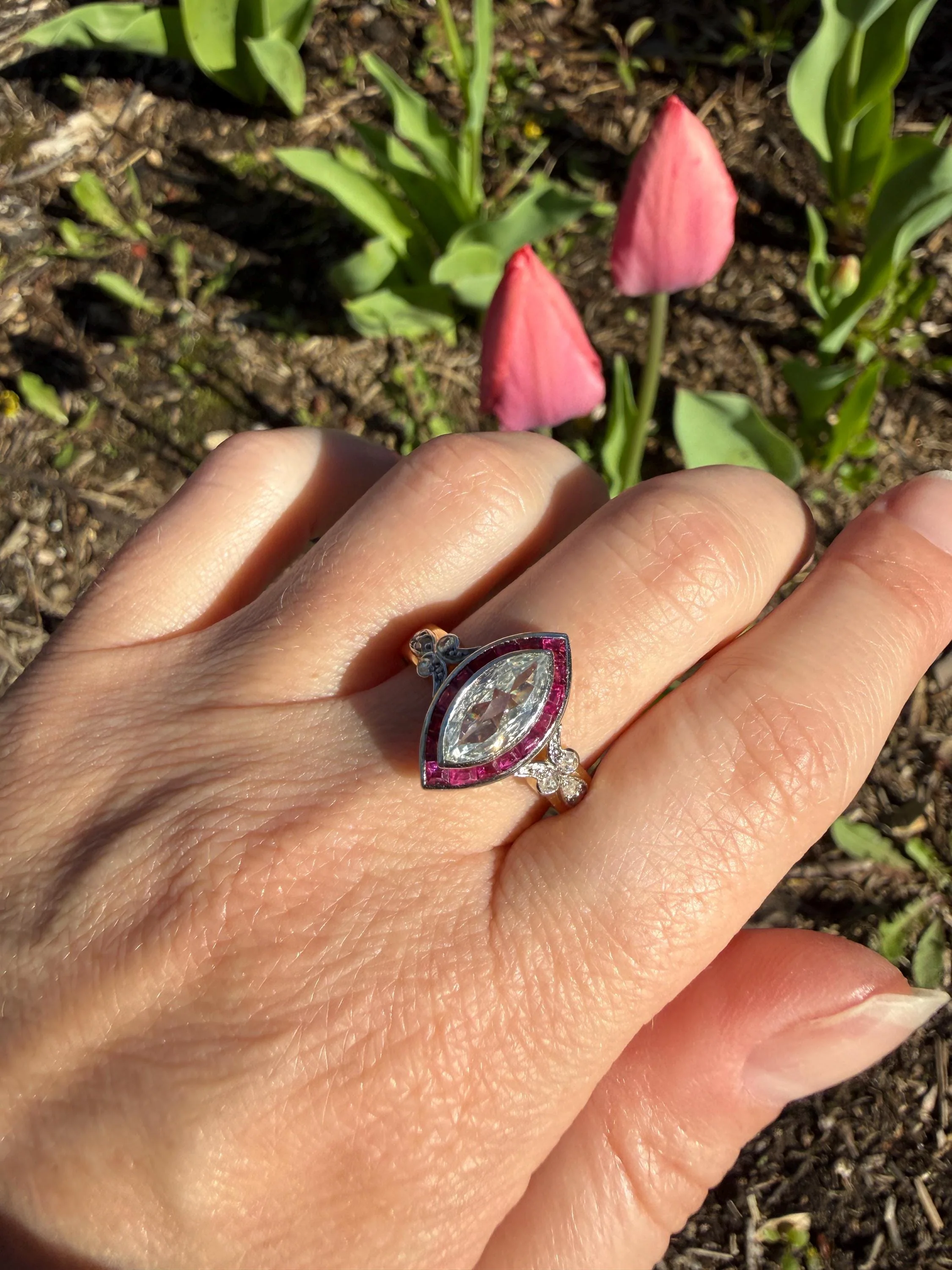 Vintage One Carat Old Cut MARQUISE Diamond Ruby HALO Navette French Art Deco Ring 18k Gold Platinum Belle Epoque Pink Rose Cut Accents - Image 6