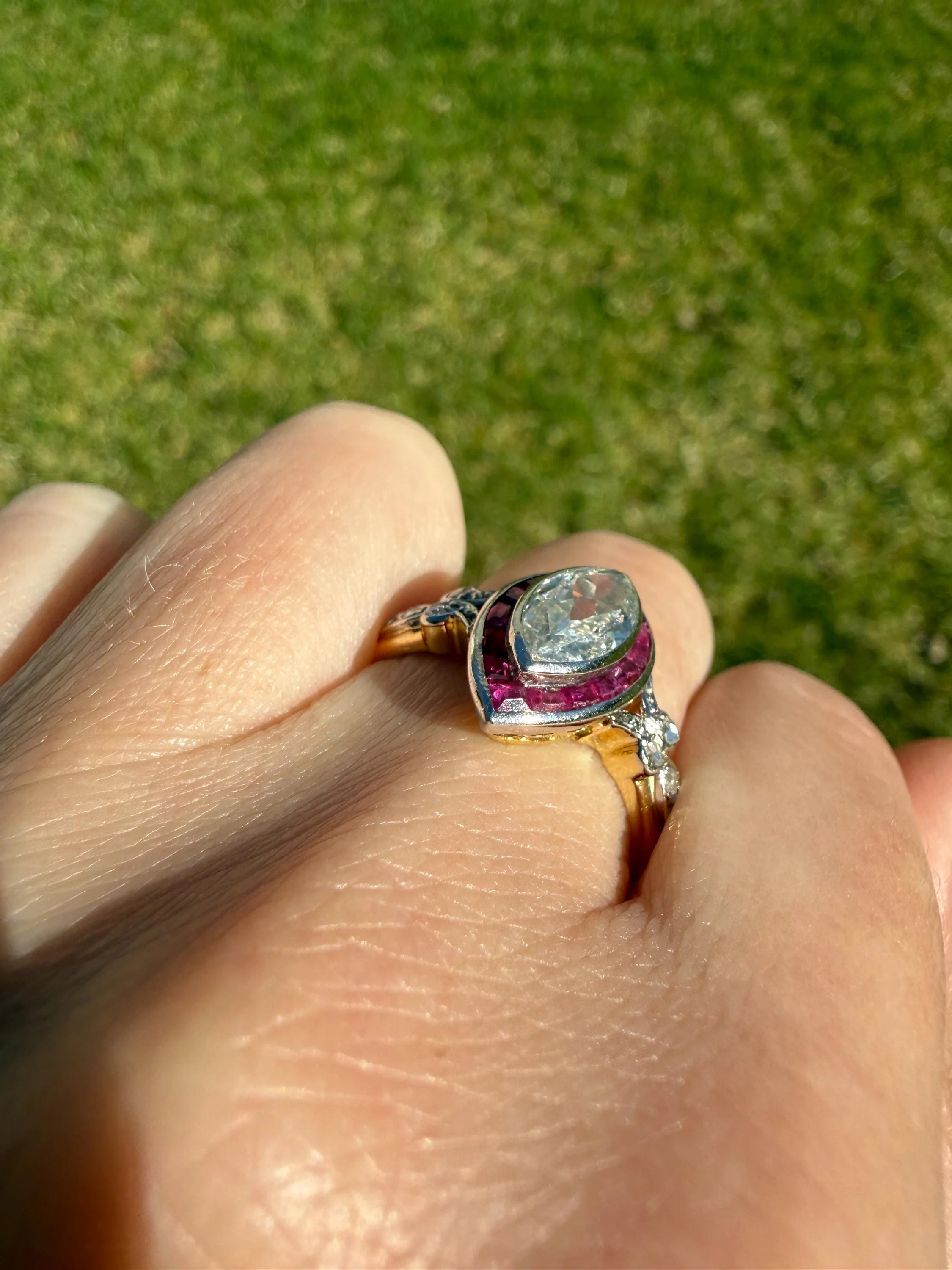 Vintage One Carat Old Cut MARQUISE Diamond Ruby HALO Navette French Art Deco Ring 18k Gold Platinum Belle Epoque Pink Rose Cut Accents - Image 7