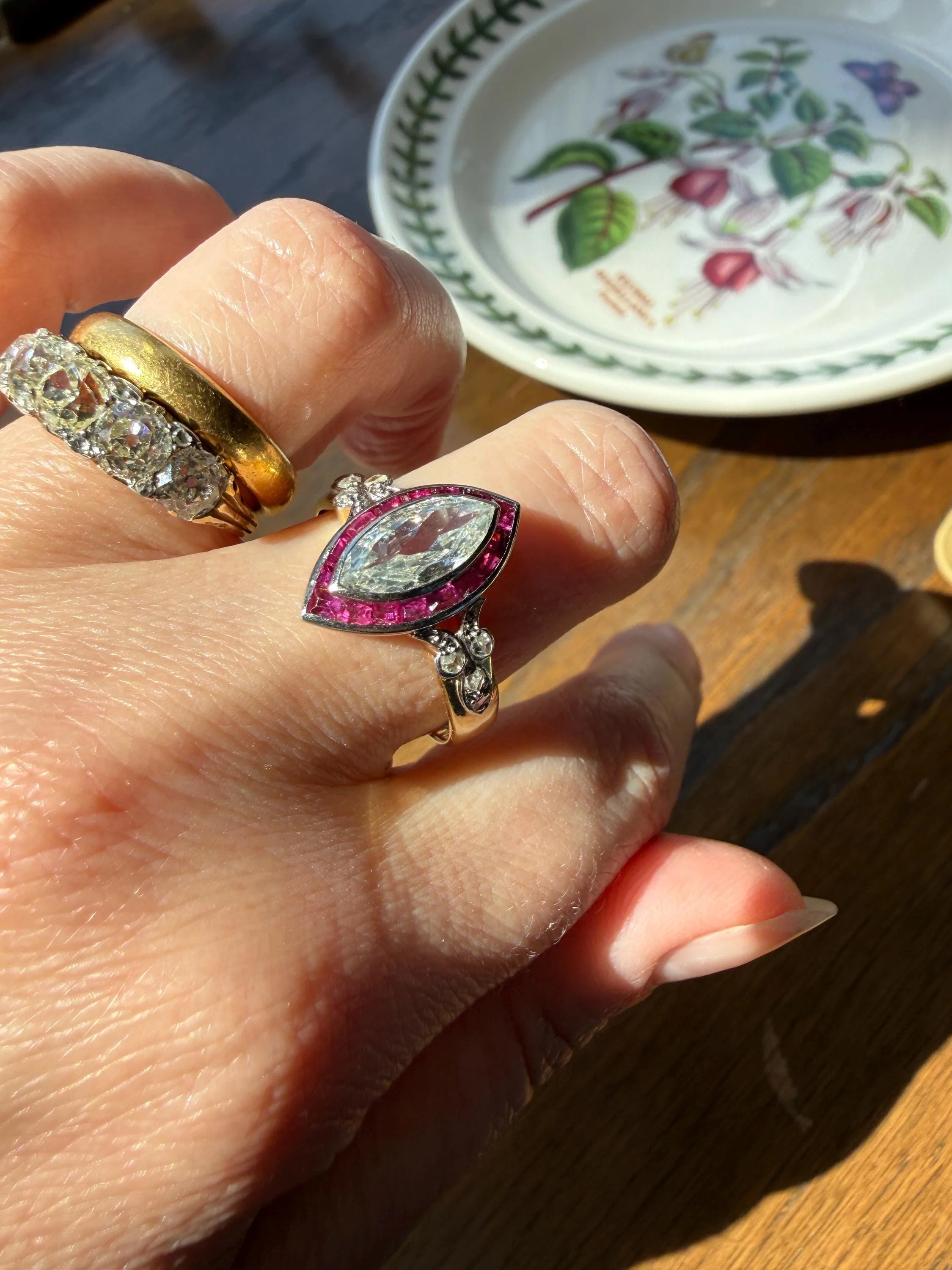 Vintage One Carat Old Cut MARQUISE Diamond Ruby HALO Navette French Art Deco Ring 18k Gold Platinum Belle Epoque Pink Rose Cut Accents - Image 8