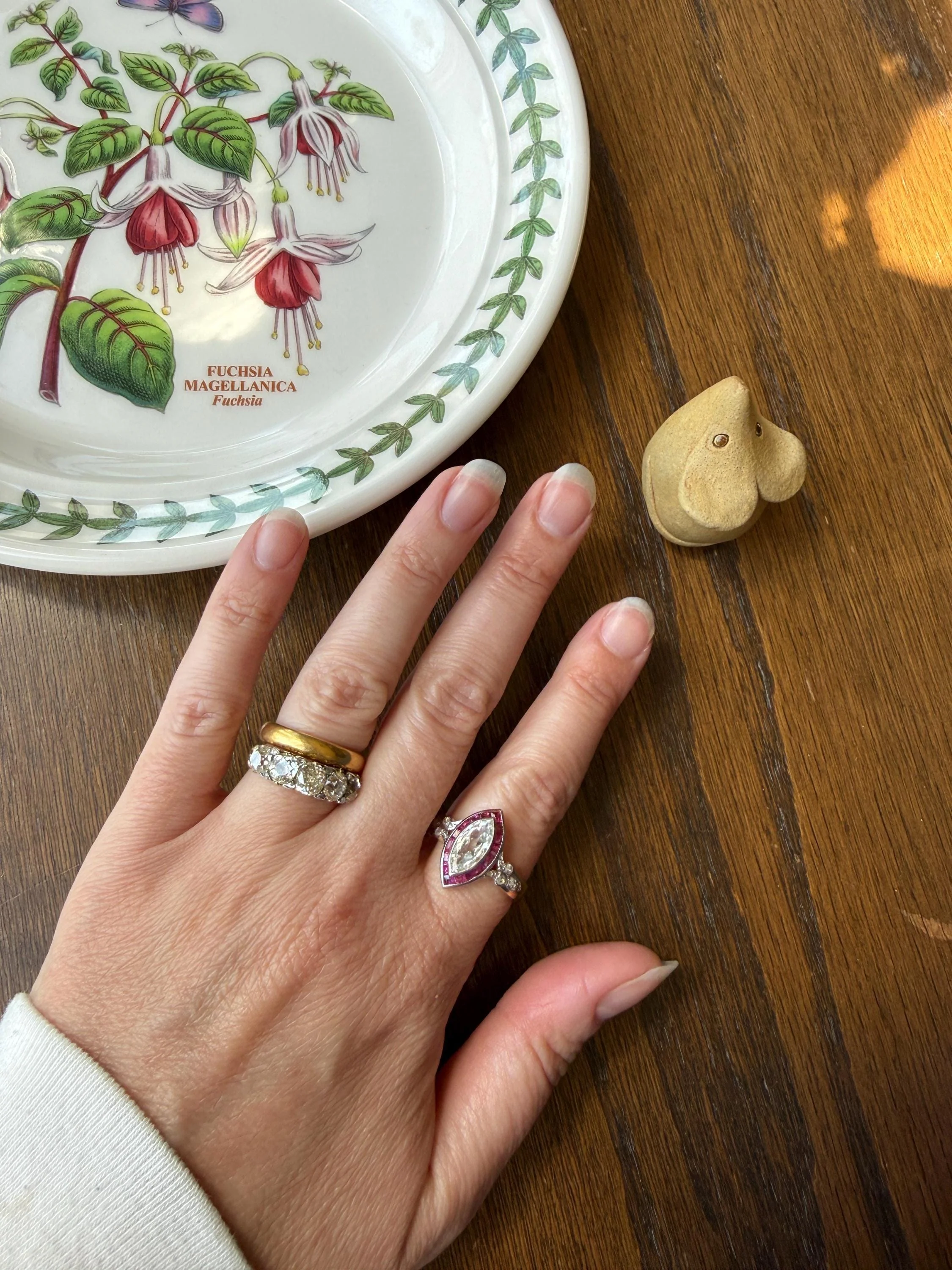 Vintage One Carat Old Cut MARQUISE Diamond Ruby HALO Navette French Art Deco Ring 18k Gold Platinum Belle Epoque Pink Rose Cut Accents - Image 9